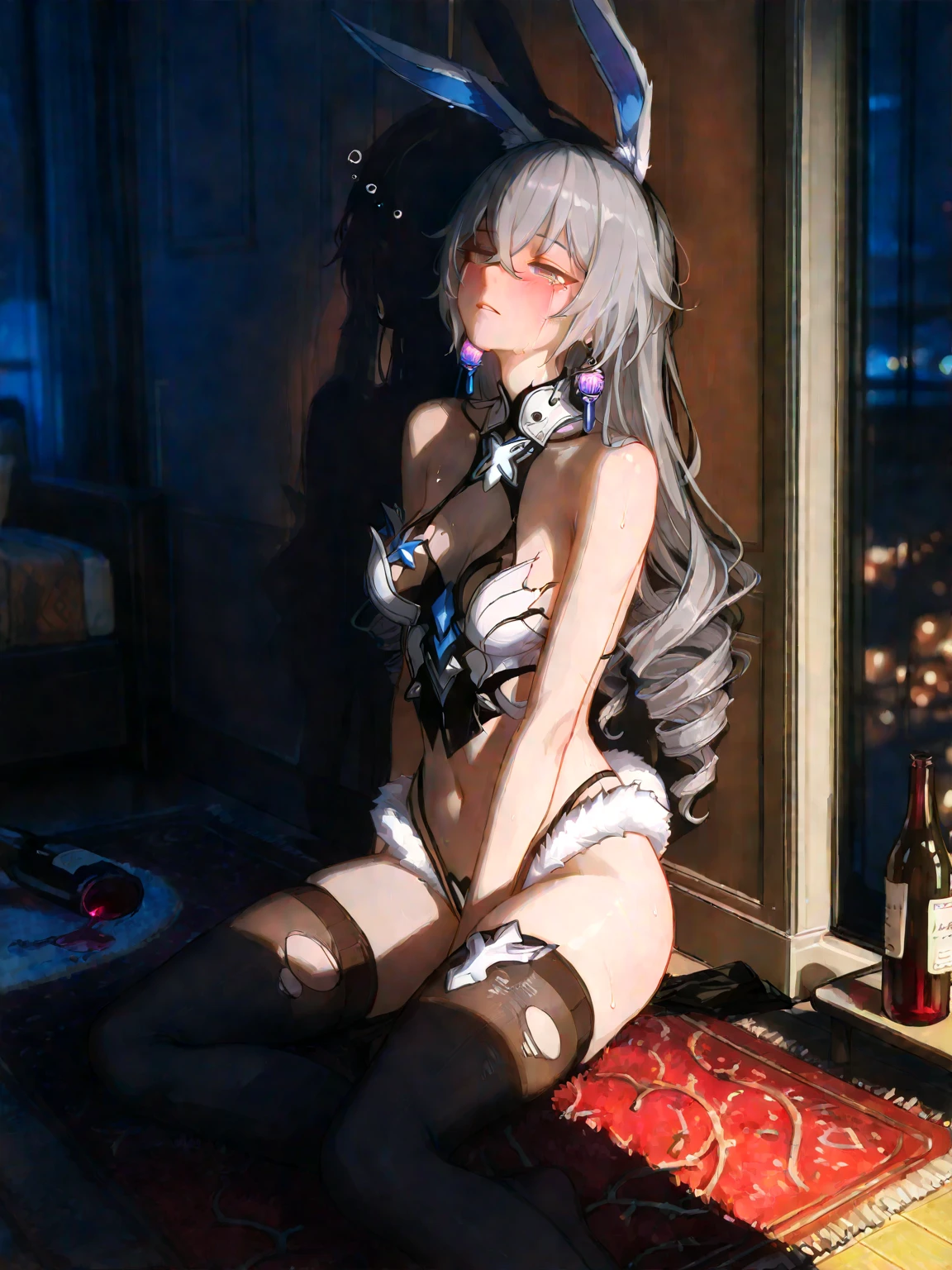 ((((Obra maestra, La mejor calidad, ultrahigh resolution)))), 1girl,), ((long pure silver hair, hair over eye)), long hair cut, shiny skin, ((red eyes)), glowing_eyes, neon eyes, (ultra detailed eyes:0.7, beautiful and detailed face, detailed eyes:0.9), ((centered)), smirk, (best quality,8k,highres,masterpiece:1.2),ultra-detailed, solo, edgQuality, hourglass shaped girl, white lingerie, legwear, arm sleeves, (wearing edgcatlingerie), cleavage cutout, (sitting, wariza), bedroom scene, seductive gaze, seductive smile, (soft lights, night scene), shiny skin, cat ears, cat tail, meow