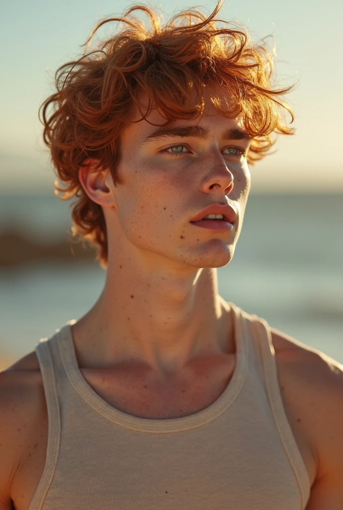 (best quality,4k,8k,highres,masterpiece:1.2),ultra-detailed,(realistic,photorealistic,photo-realistic:1.37),1 male model,albino skin color,red hair, curly red hair,boy smiling,doing masculine poses, detailed face, he is a very masculine and sexy man, slim muscular build, model is 17 years old, thick and strong biceps, front phase photo, the background of the photograph is the blue sky and a white sand beach