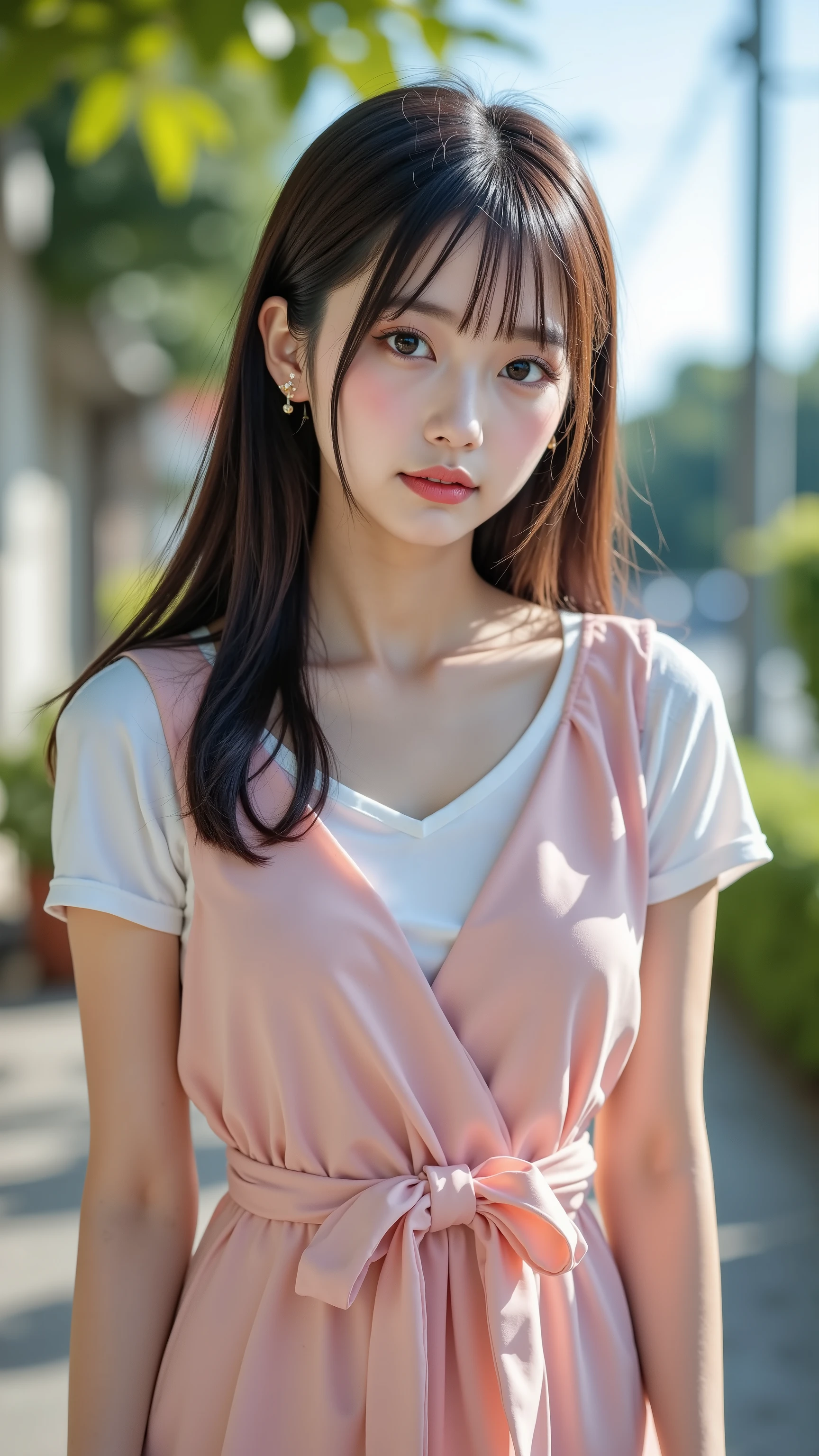highest quality, masterpiece, ultra high resolution, (realistic:1.4), (close portrait) Raw photo, 1 girl, 22 years old,(((white blouse))),((light pink pleated skirt)),masterpiece, realistic pictures, japanese pictures, fuji negative film, saturation, contrast, Pocari Sweat Advertisement ((small breasts)),((smiling showing teeth)),long hair chignon and scrunchie,brown hair,