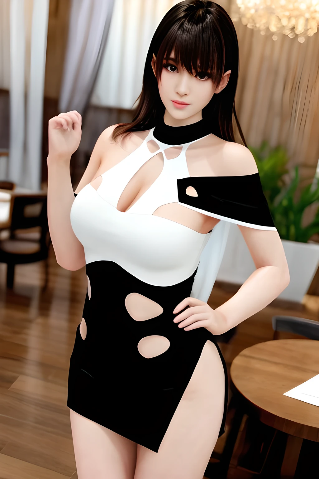 masutepiece, Best Quality, Illustration, Ultra-detailed, finely detail, hight resolution, 8K Wallpaper, Perfect dynamic composition, Beautiful detailed eyes、(High slit skirt)、high-heels、White tight t-shirt、、(Colossal tits:1.3)、ssmile、high angle full body shot