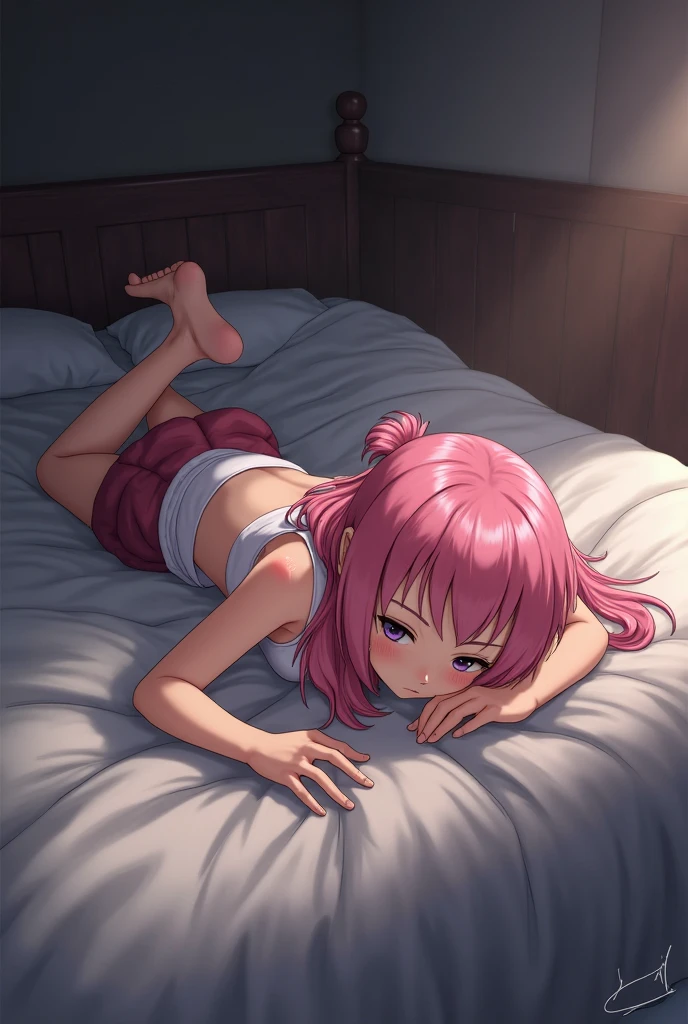 Stage lighting, Pink Panties,(((which are full of confidence, Seductive))) explessionless, Bedroom, ((((Lying down))) floor, looking happy smile、 Sweating, milky liquid in bed, Eyes closed, Bigchest, Pink tank top, The chest is visible、My heart is falling、The nipple is visible、Full body, Night,Longhaire