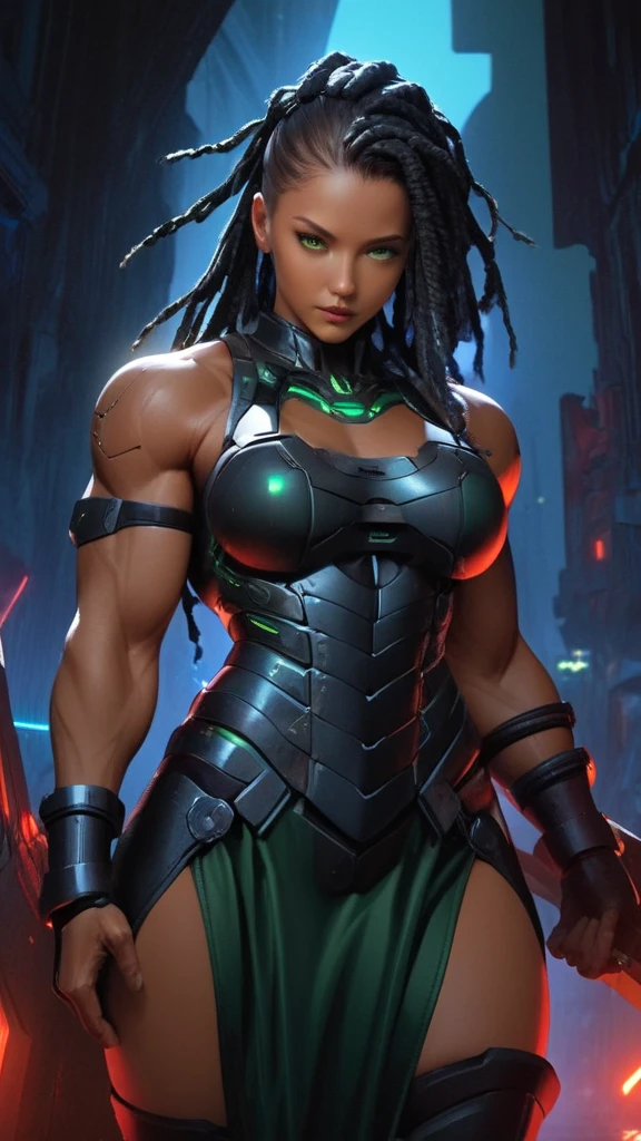 arafed woman with green dreads and a green bra top, muscular warrior women, muscular! cyberpunk, sci - fi armour! muscular, cinematic goddess body shot, muscular female druid, muscular ultraviolent woman, feminine and muscular, bodybuilder superhero bikini, muscular character, muscular and terrifying, muscular girl, arnold maya render, alexey egorov, muscular characters