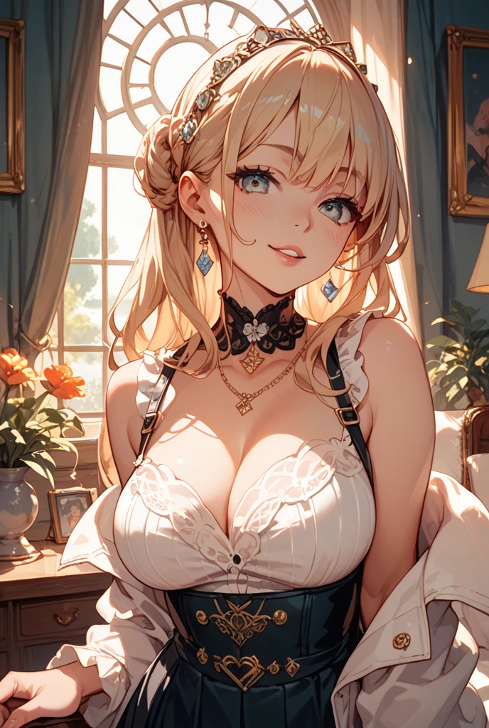 (masterpiece, top quality, very aesthetic, 4k、illustration), intricate detail, 1woman,solo,contrapposto 、(gradient eyes、tareme)、Strong glowing eyes、asymmetrical bangs,Fair skin,(cowboy shot)、beautiful women、Cleavage、 smile、(red lipstick),beautiful face、(gradient hair)、(blonde hair)、curly hair,sidelock ,parted bangs,green eyes、Layered Dress、large breasts、slender 、