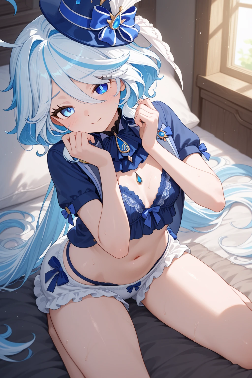 lh1, hair flower, long hair, white dress, bare shoulders, collarbone, short sleeves, detailed face, drunken eyes, drooling, embarrassed, open mouth, (show off breast:1.3), (show off nipples:1.3), (lying on:1.3), on the bed, pussy line, pussy line, (after sex:1.3), (skirt lift:1.3), (excessive cum:1.3),