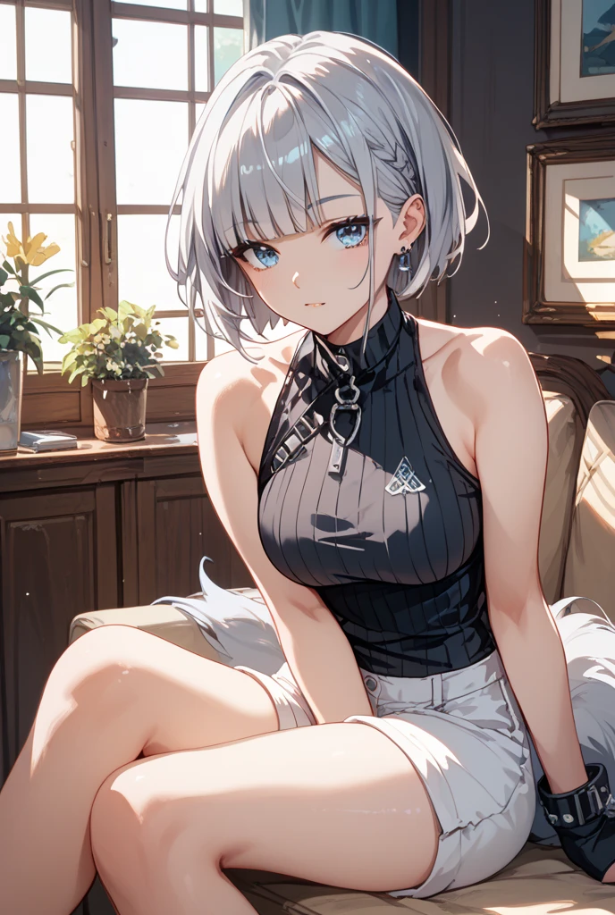 Silver Hair、Blue Eyes、girl、Small breasts、Twin tails、girl、Small breasts、Lolita、Bright smile、Looks about 15 years old、Petan Musume、short、目のhighlight、Sexy thighs、(length, High neck, Sleeveless sweater:1.3)、Your eyes are so beautiful、highlight
