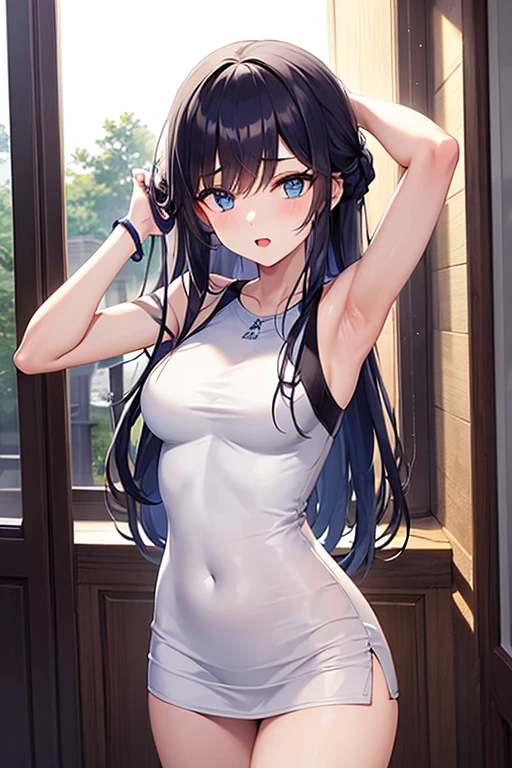 (masterpiece, best quality), (Very detailed CG unit 8k wallpaper), (Best light and shadow), (Detailed face, Exquisite body), (1 girl,alone), (long black hair,Straight Hair,Air bangs), (innocent aqua blue eyes, Mouth slightly open), (Medium large, fair skin), (Wearing a simple white shirt, and black panties, To show your thighs), (Facing the audience, looking at the audience, Stand upright, Put your hands beside you), (The expression looks a little shy, but with a smile, Cheeks slightly red), (simple light black background, Center the character)