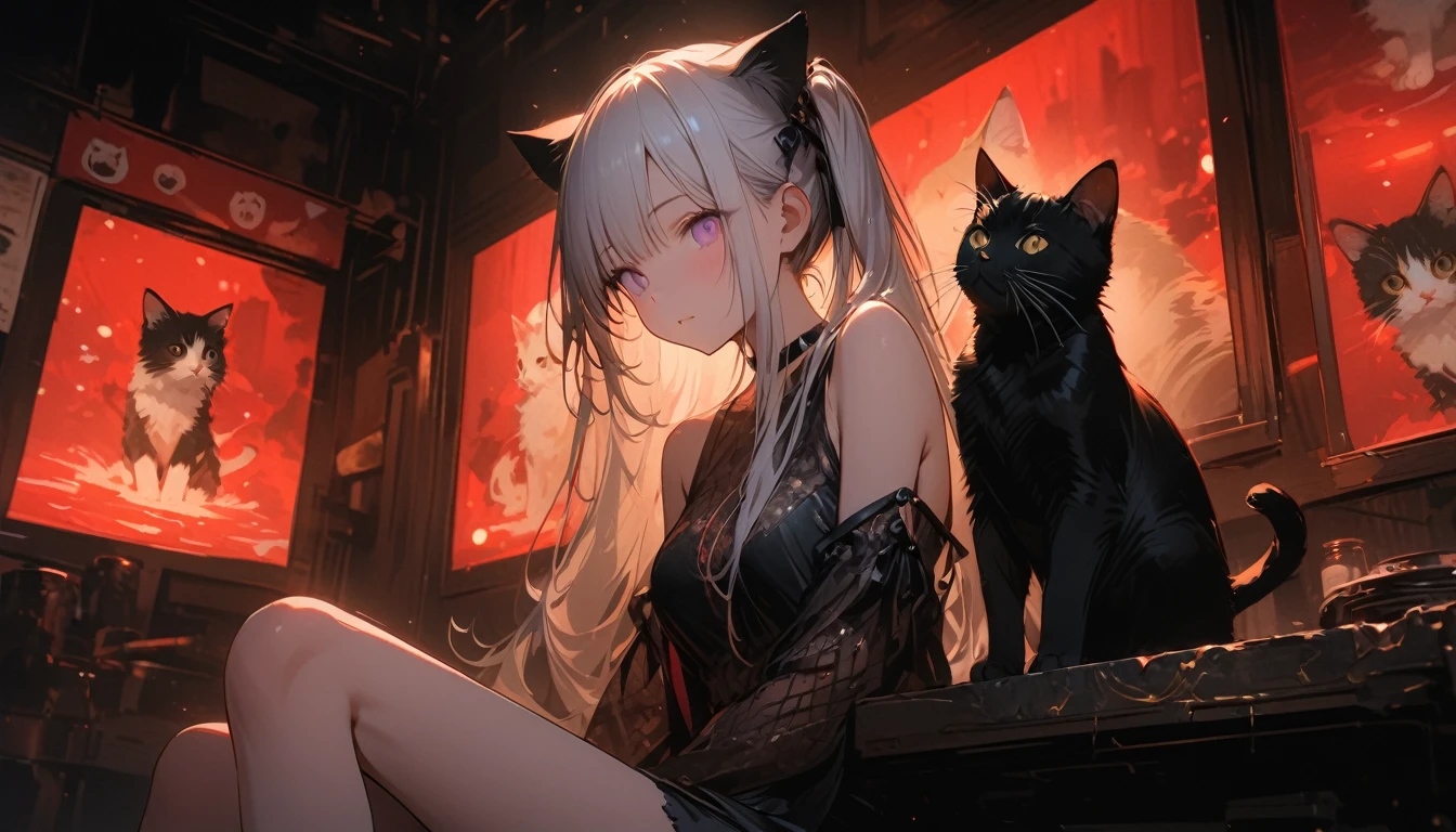 Black cat with three red eyes and green stripes