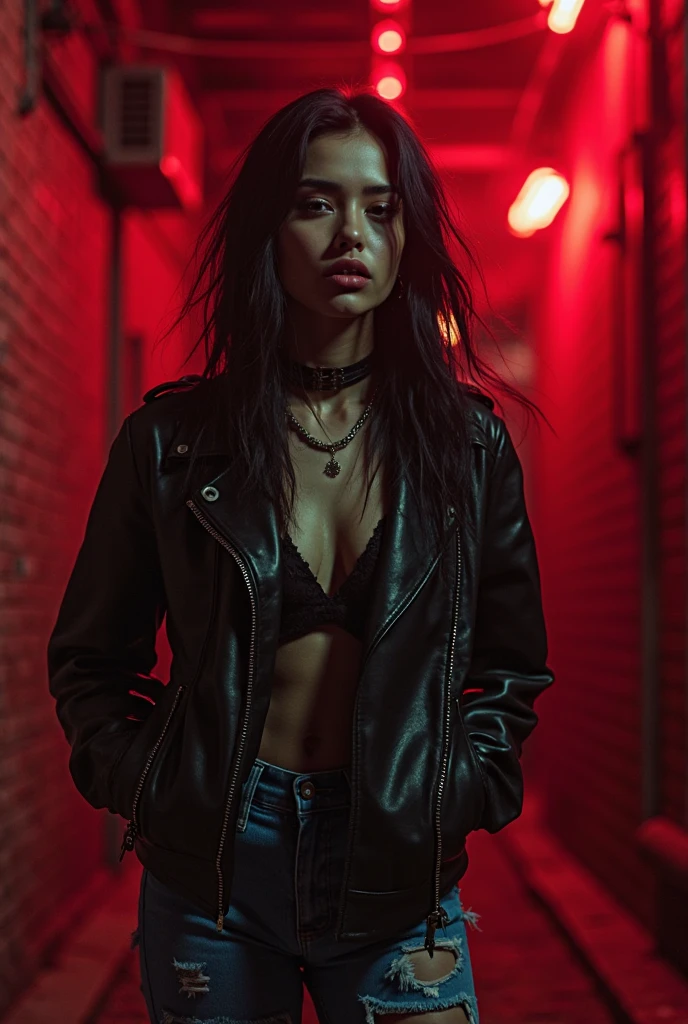 a woman in pencil denim skirt and stockings and leather jacket, victim of ritual, ritual posing, documentary photoshoot, high heels, wearing traditional indigenous makeup, red, green, blue, (best quality,4k,8k,highres,masterpiece:1.2),ultra-detailed,(realistic,photorealistic,photo-realistic:1.37),highly detailed face, beautiful detailed eyes, beautiful detailed lips, extremely detailed eyes and face, long eyelashes, intricate makeup, dramatic lighting, cinematic composition, atmospheric, moody, dark, unsettling, horror, documentary, editorial, fashion, portrait