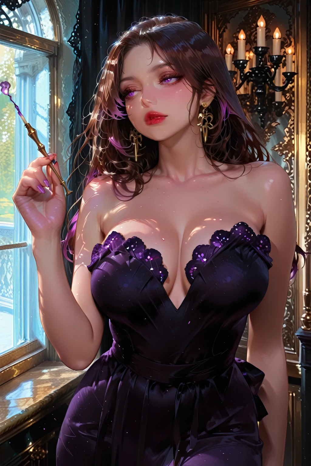 True anime Princess Daisy, against glass, 36C breast, long red hair, shy smile, dark red lips, dark eyeshadows, dark eyeliners, perfect eyes, streching yellow dress -imagine --auto --s2