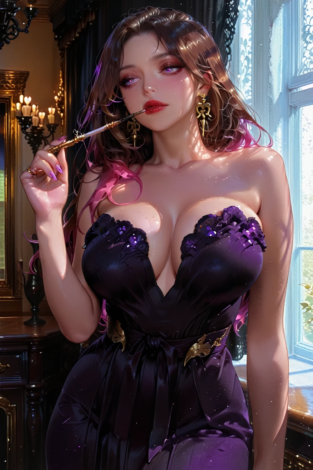 (masterpiece), (extremely intricate:1.3), (realistic), portrait of a girl, huge and perfect breasts, the most beautiful in the world, dark eyebrows, bright purple hair, short very shaggy and messy hair, big round ass, almond eyes, embarrassed expression, blushing heavily, freckles, (cute outfit), (handbag), elf ears, perfect makeup, long lashes, jewellery, pale skin, detailed textures, upper body, indoors, bright sunlight, classroom hallway, professional photograph of a stunning woman detailed, looking at the camera, alluring stare, detailed eyes, sharp focus, dramatic, award winning, cinematic lighting, octane render unreal engine, volumetrics dtx, (film grain, blurry background, blurry foreground, bokeh, depth of field, motion blur:1.3)