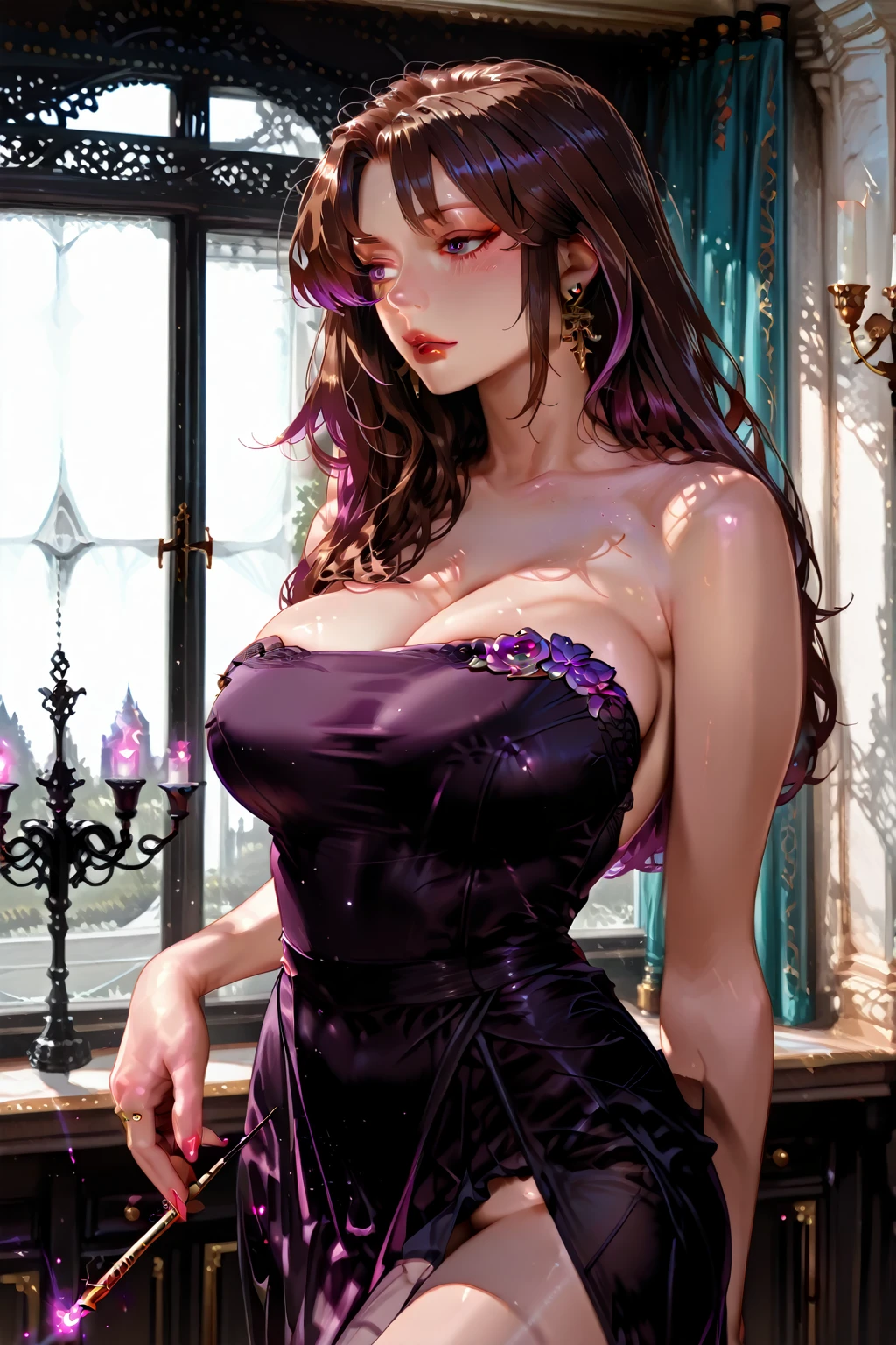 ((Best quality)), ((masterpiece)), (detailed: 1.3)
Beautiful woman, one girl, very detailed eyes, very detailed hair, very detailed clothes, very detailed face.
((Purple eyes)), ((black hair, ponytail hairstyle, wavy hair, long bangs)), ((elf ears)), earrings, piercing, tanned skin, ((pink short dress, off shoulders)), large breasts, cleavage, open clothes, thick ass, choker, necklace, beautiful eyelashes, sultry eyes, juicy lips, soft blush, smooth skin, freckles, natural eyebrows, smiling.
Posing sexily, provocative, looking at viewer, in love with viewer, cinema lighting, sitting, bedroom, pink walls.