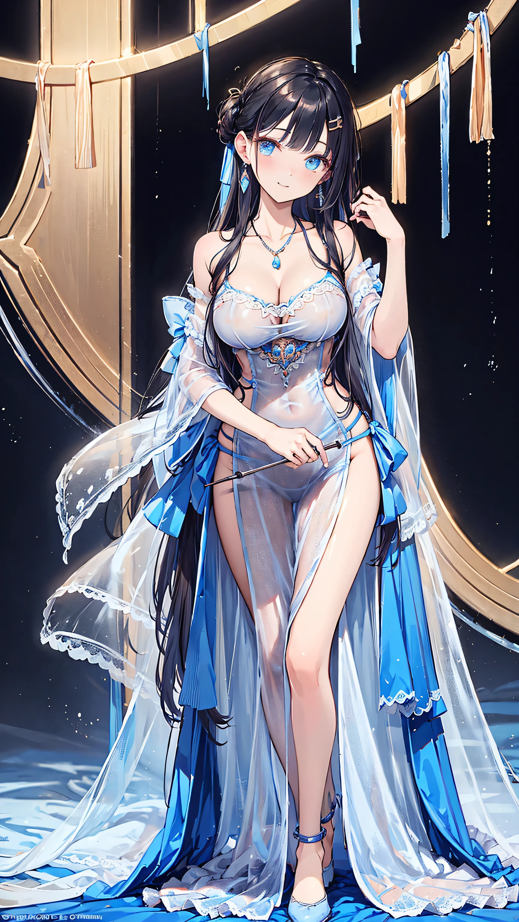 (highest quality, 8K, 32K, masterpiece, UHD: 1.3), 1 female, (Oversized: 1.3), perfect figure, super detailed face, detailed lips, fine eyes, (attractive), ((excited: 1.5)), (Sheer skin)) 、((((Transparent see-through dress))))、see-through dresses、lace sheer dress、Transparent dress、Sheer skin、Transparent dressを着た美しい裸の女性、solo、best style、big breasts、The most beautiful in the world、unparalleled beauty、long hair、 Indigo forest, Empty bathhouse hidden in a cave,、beautiful render of a fairytale, magical atmosphere + masterpiece, so magical and dreamy, magical colors and atmosphere, Blue lighting. fantasy, fantasy gorgeous lighting, concept art stunning atmosphere, magical environment, magical blue color and atmosphere, beautiful concept art, dark majestic ornate great hall, inside the palace、blue water辺、blue water、blue reflection、Cyan color、get wet in blue water、Blue light、Blue Grotto、Blue World