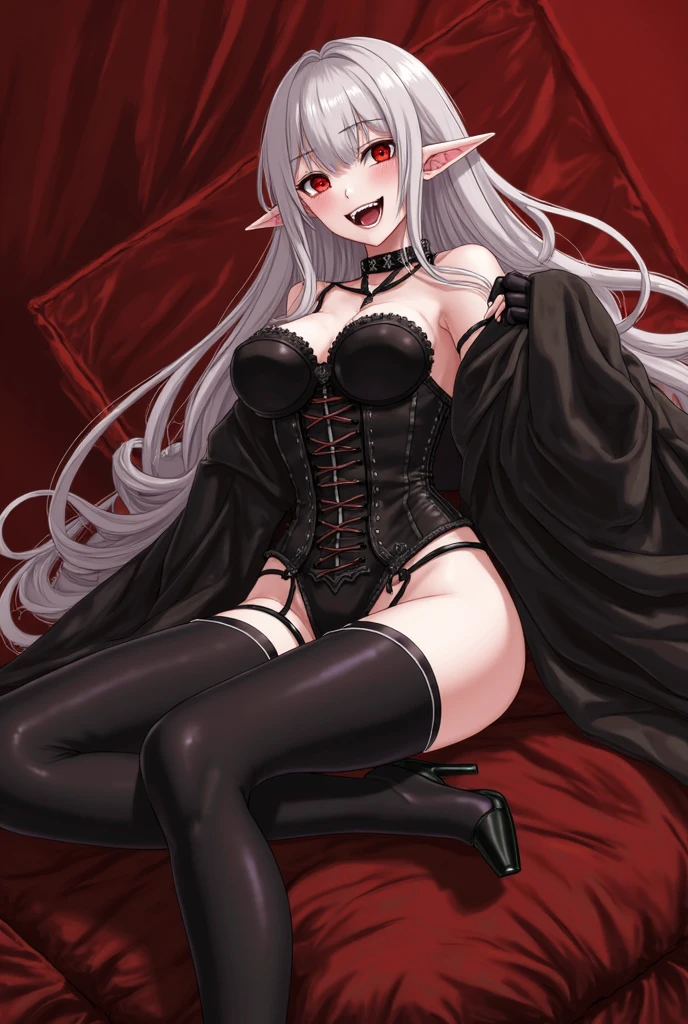 Alice,vampyre,ashen hair, long hair, Eyes red, pointy ears, breasts small, naked showing vagina sexy smile on the bed with legs up 
