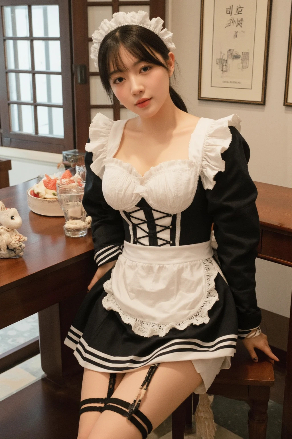 Medium chest, Dressed, Perfect lighting, break, (Maid clothes:1.5), (Black and White Palette:1.2), (Lace details:1.3), (Silk material:1.2), (Apron dress:1.4), (fit&Flared silhouette:1.3), (White lace blouse:1.4), (Black vest:1.2), (Gold Button:1.1), (High Waist Skirt:1.3), (Black flared skirt:1.4), (White knee-high socks:1.3), (Black Mary Jane Shoes:1.2), (Lace Headband:1.2), brake, (From the upper body to the knees:1.2), (An elegant maid pose with her skirt slightly lifted with one hand:1.4), (Simple and elegant interior background:1.2), 日本woman, smile, 23 years old,woman,Brown long straight hair,Wet body,Perfect body,Trained abdominal muscles,Shiny skin,Highest quality,日本のwoman一人,diamond,Earrings