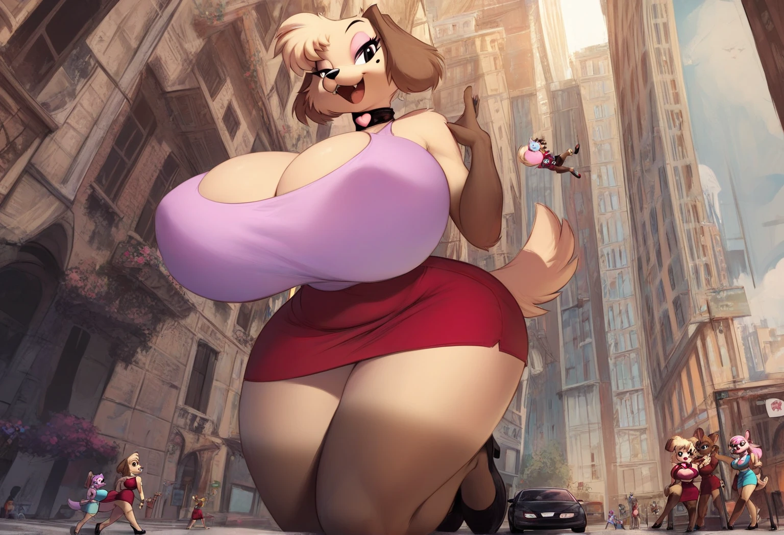 8K, ((masterpiece)), ((stunning artwork)), (carefully drawn), (highly detailed), solo, alone, uploaded to e621.net, solo, by meesh, by darkgem, minerva mink, blonde hair, female, detailed eyes, perfect eyes, (huge breasts:1.2), nipple outline, (nude:1.7), standing upright, older woman, milf, curvy, thick, bare feet, four toes, standing on asphalt, smiling, tail, los angeles, sunny day, brightly lit, standing upright, casual posture, (giantess:1.6), (macro:1.5), tiny city, (crowded:1.6), gts,