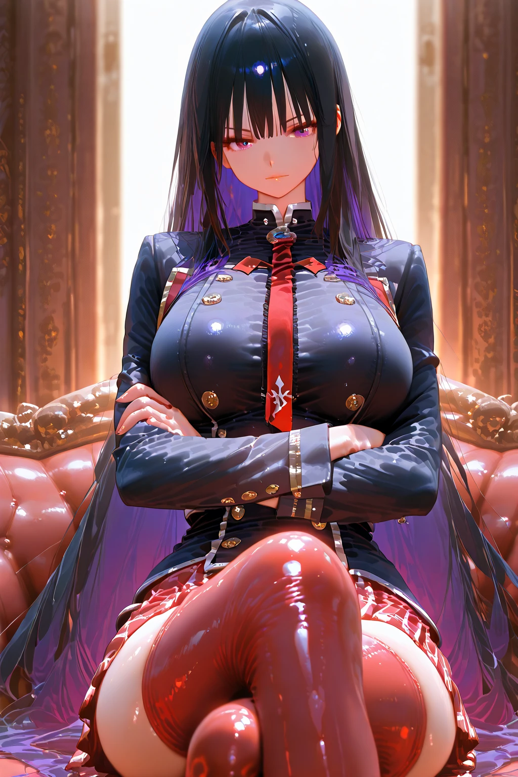 (masterpiece, best quality, 1 woman, alone, intricate details, chromatic aberration), realistic, ((middle breath)),long hair, Red and black hair, red headdress, vermelho highlights, hair above one eye,red eyes, earring, piercer, choker, neon shirt, Torn Leggings, open jacket, turtleneck sweater, night,on the wall, brick wall, Doodle, dim lighting, alley ,look at the viewer,roupas sexy