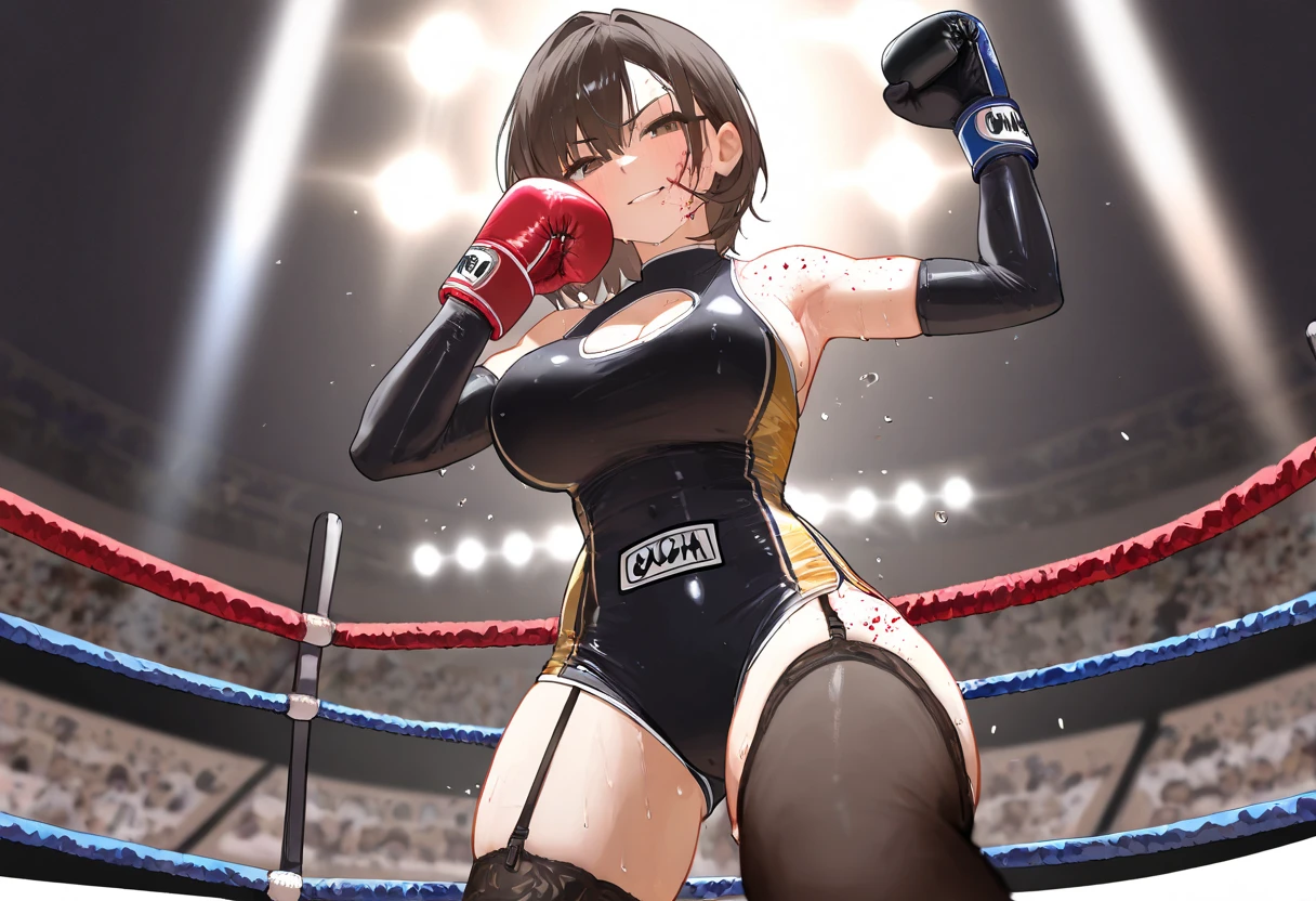 korean beautifull girl，18 years old,Pretty Face，Good shape，detailed picture, Seductive expression sticking out tongue， blush，Ponytail, Wear white yoga clothes，Soaked，Wear black pantyhose，high-heel boots, Wearing boxing gloves，Black sleeves on arms, Sitting in the boxing ring，Large Breasts,Cleavage,Long legs，Thin waist，nipple，Camel toe，M leg