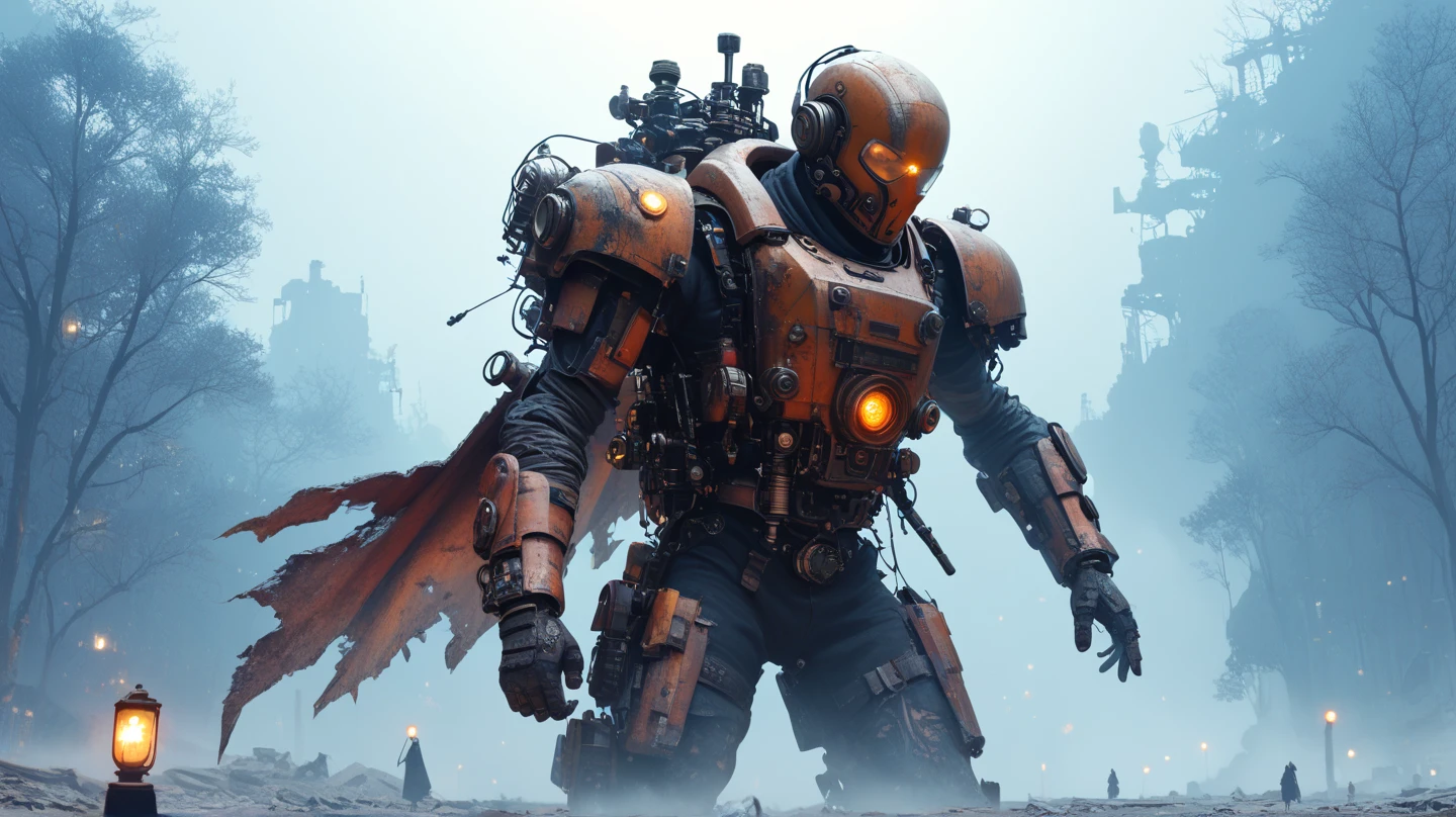 a dark cyberpunk fantasy scene, 1 person wearing a weathered mechanical suit, chain saw wielding cyborg guardian, complex steel and rust mechanical marvels, elegant and vivid colors, soft lighting, masterpiece, cinematic wide angle cowboy shot, dynamic pose