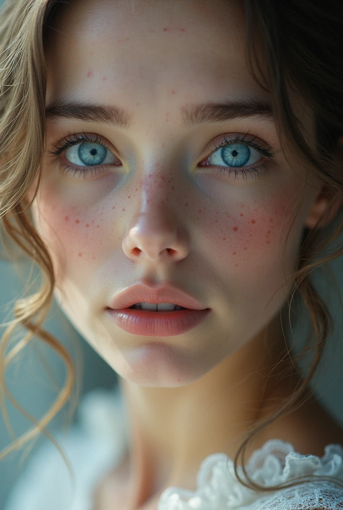 Full body view of 1 beautiful woman, extremely albino, with freckles, Extremely slender, with sensual face, highly delicate face, The beauty of women is undeniable, reveals the intricate details of its highly detailed large bright light blue eyes, your deeply detailed radiant skin, wearing a sensual transparent nightgown, Captured with a lens that emphasizes the challenge of your gaze, environment that highlights the soft colors of the scene. The lighting and shadows are expertly crafted to bring out the richness of her albino skin tone., Your curly hair highly details strand by strand, adds a touch of warmth and contrast against your skin. using the best shadow lighting techniques, mesmerizing that transcends the visual, image in stunning 8k resolution and raw format to preserve the highest quality of details. 
ultra-realistic image, perfect symmetry, vibrant and clear, dynamic view, high level of detail and definition, 1200 PPI - Photographic resolution with greater color realism, hyperrealisti, high fidelity,  cinematic, 8K UHD image resolution.