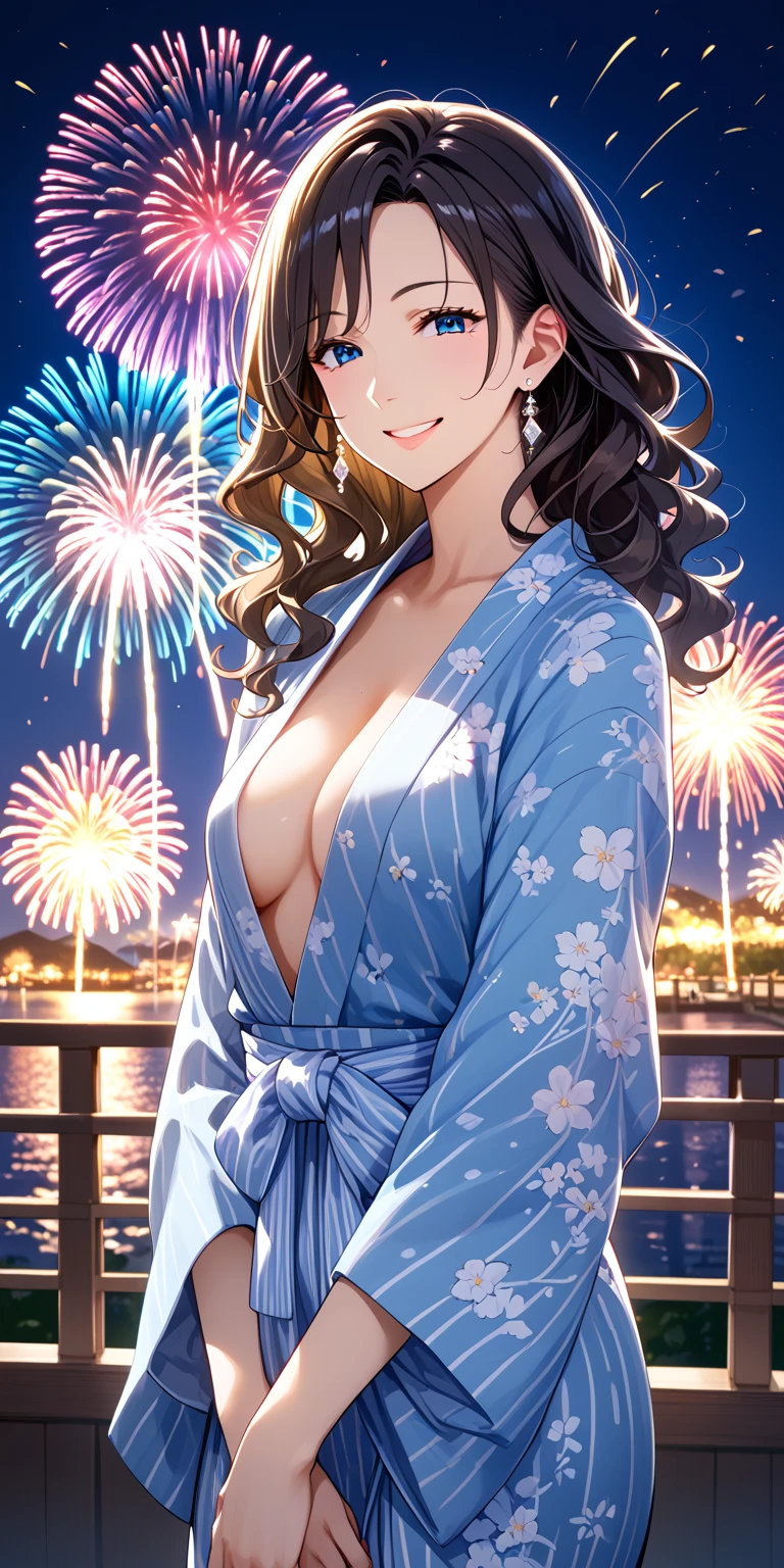 Ultra HD、Masterpiece、Best Quality、Top quality、Extremely detailed image quality、Realistic woman、A big smile、One Woman、45-year-old woman、Married Woman、Plump body、belly button、Long black hair、Shiny skin、Skin that is very shiny after applying oil、High gloss skin、Bursting Busty、Cleavage、yukata、Strapped Bikini、Facing forward、The whole body is reflected、Wide Hips, Thick thighs, blush, Open your mouth, Arms behind back, Fireworks display, Riverbank, Are standing