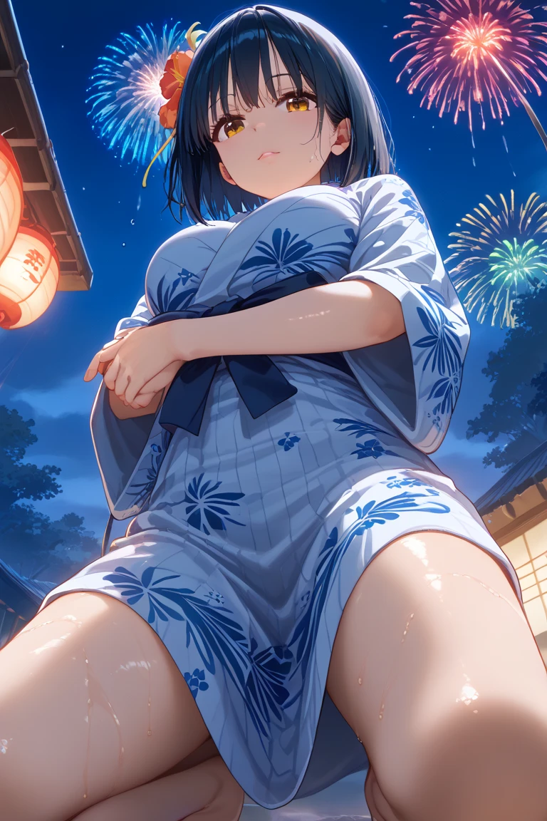  (masterpiece, Highest quality, 8K ultra-high resolution:1.4), 14yo, kawaii, nsfw, Pokemon Riko, Down blouse, Cute Bra, (Navy blue frilly yukata, Frilled underwear, night: 1.4), (Summer festival), ((turn around)), Beautiful Eyes,Flash photography, Backlight,  ((Spread your legs)), (The best smile:1.4), (Show your palm to the camera), (Beckon), Written boundary depth, Dramatic portrayal, (Colorful fireworks background), Focus of the film, , Emotional composition, Emotional engine full throttle BREAK Young and cute, Slender body, Flat Chest, Highly detailed glossy skin,Sweat,  完璧なPokemon Riko
, Wind, detailed in the Wind, petals dancing in the Wind
BREAK
ultra detailed crystal eyes, Eyes like shining jewels