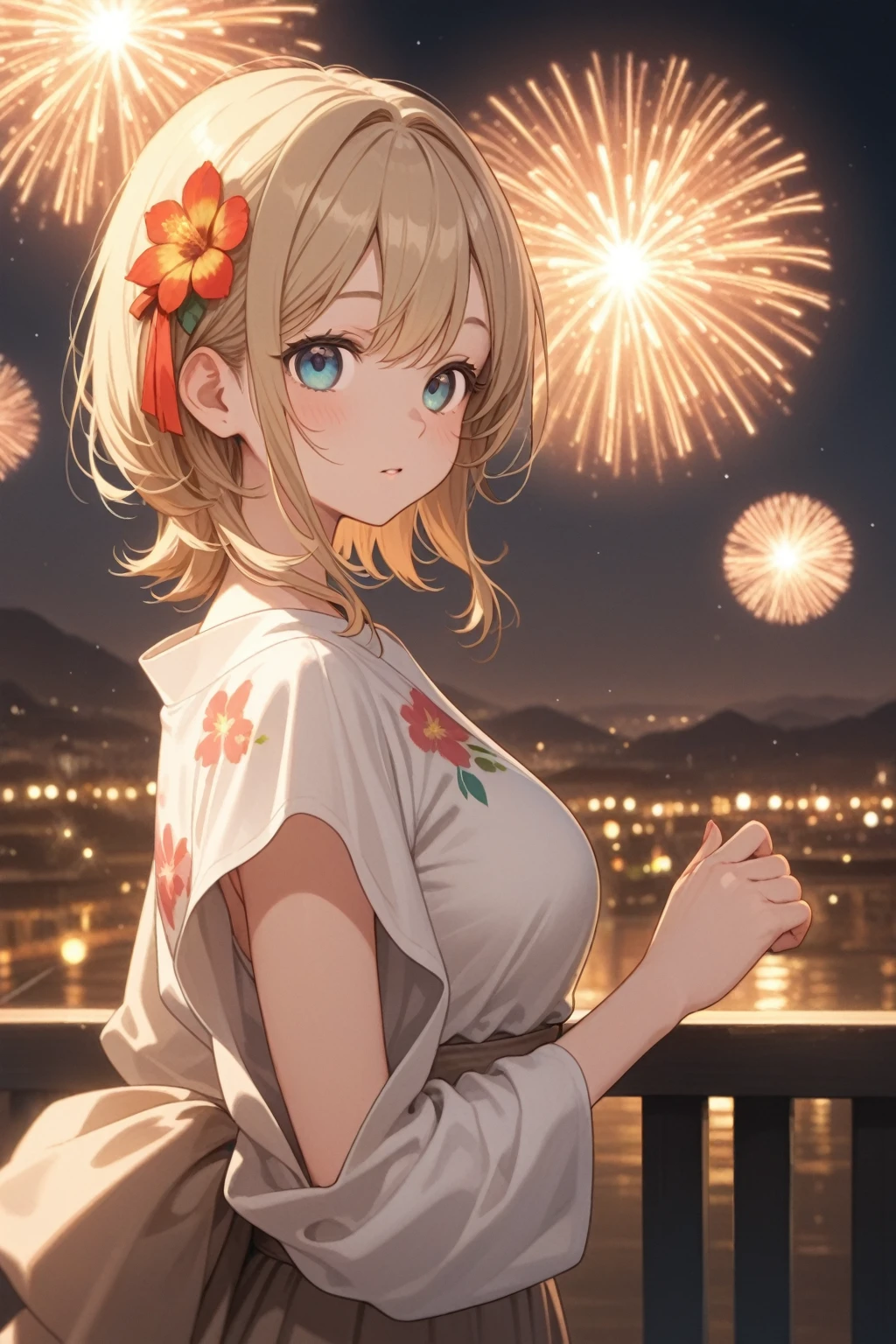 (masterpiece, best quality:1.2),1girl, (solo), Android 18 from Dragon Ball, ((floral print white kimono)), medium breasts, blunt bangs, blonde short hair, (black eyes), earrings on earlobes, slim, slender feminine figure, skinny body, blush, magnificent view, blur background, 4K, open mouth, smile, Tokyo Tower, firework, arms open, cleavage,