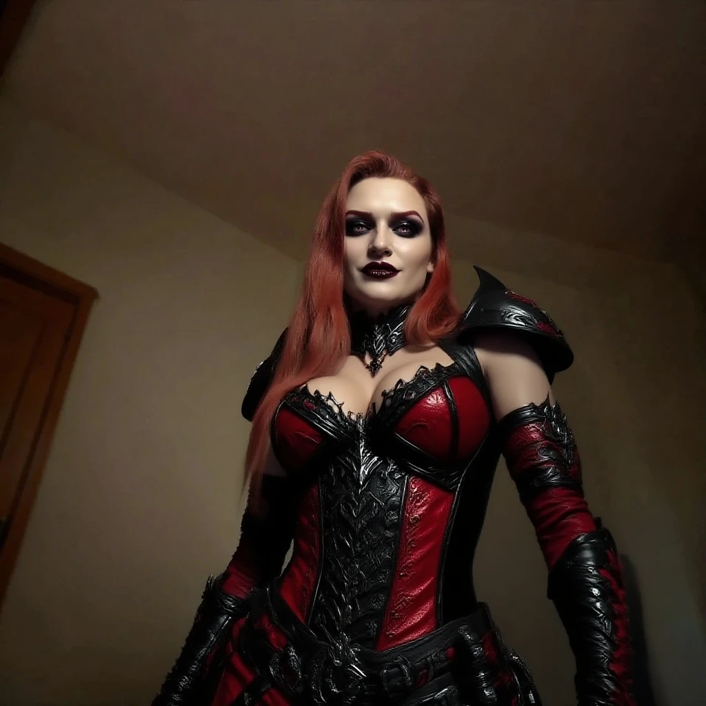 highest quality, highres, (coming through portal), (female villain, horns, smirk expression, red long dress, witch:1.3), jewelry, black panties, (casting magic, fire:1.3), magic, cute, detailed face and eyes, blood red lipstick, erotic body, sexy thighs, (perfect face:1.3), (sharp focus:1.2), corset, harness, gloves, hood,
