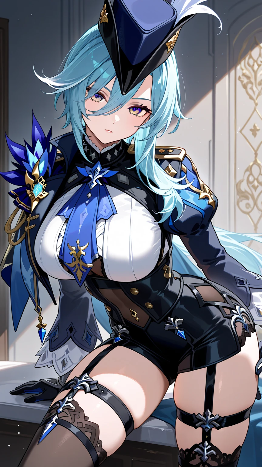 (masterpiece), best quality, expressive eyes, perfect face,1girl,furina,genshin impact,palace,night,castle wall,curvy,big breasts,blush,cleavage,cat girl,cat ears,cat tail,cowboy shot,idol dress,strapless idol dress,bare shoulders,detached sleeves,navel,cute top,cute fluffy skirt,layered skirt,showgirl skirt,paw pose,happy,excited,spoken heart,standing