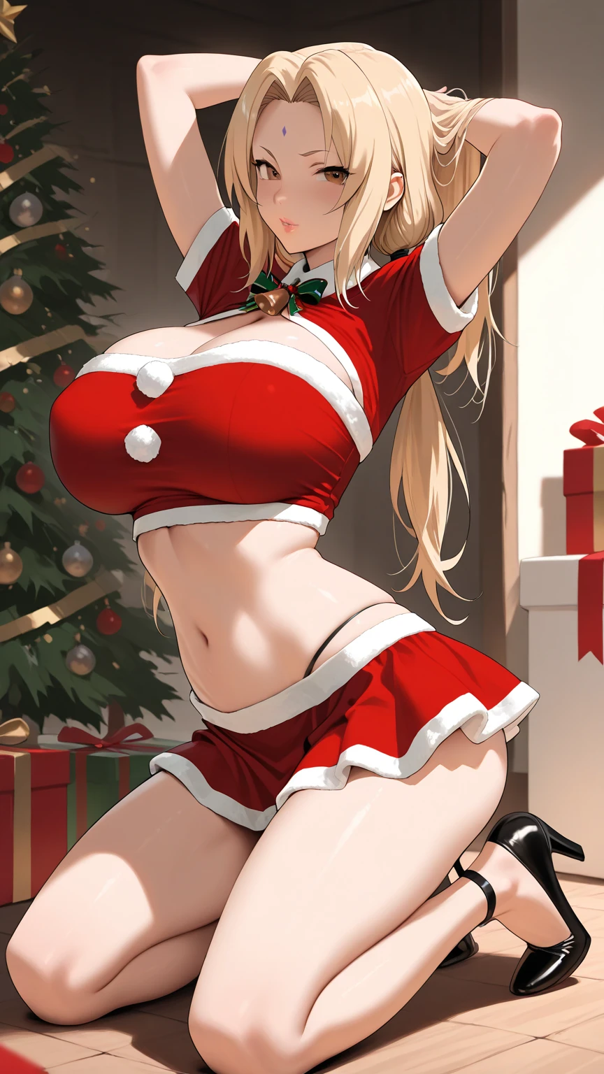 ((best quality)), ((masterpiece)), (detailed), perfect ???????, highly detailed hands, highly detailed human ears, highly detailed face, highly detailed eyes, highly detailed nose, highly detailed mouth, highly detailed hair, highly detailed skin,a 1 girl,long straight blond hair,sky-blue eyes,athletic,self-confident smile,a single red rose as an hair ornament,coral color lipstick(Raw photo:1.2), (Photorealistic), Beautiful detailed girl, Very detailed eyes and face, Beautiful detailed eyes, Huge file size, High resolution, Very detailed, Best Quality, [masterpiece:1.6], Illustration, Very detailed, Fine detail, Best Quality, 32K Wallpaper, intricate details, long hair, side ponytail, hair ornament, ((Santa Claus Costume,micro mini skirt)), Sleeveless Bodysuit, thighs exposed, Smiling, Tongue out, Perfect, masutepiece, super-fine, (Best Quality), Physically-based rendering, extreme detail description, huge breast, exposed large cleavage, full body view, exposed naked thick thighs, well detailed hands and fingers, standing on her knees, view from behind, exposed ass,
