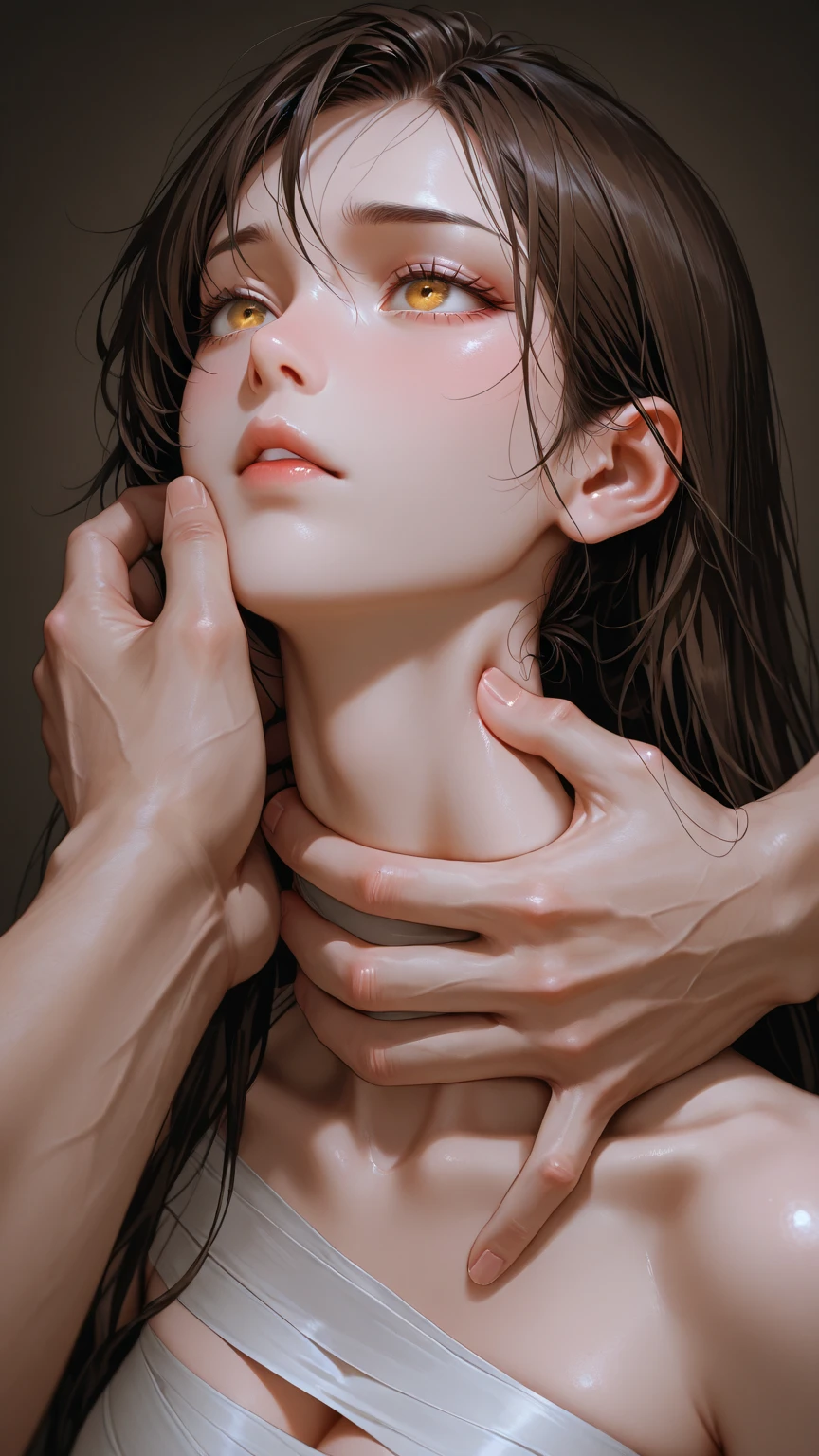 extremely detailed, high quality, realistic, photorealistic, 8k, masterpiece, full body, white skin, extremely tiny midget girl, extremely skinny, showing ribs and bones, flat chested, extremely huge areola with no tits, skinny thighs and arms, beautiful young face, sucking on two huge and thick veiny white cock, two dick in mouth, two dick blowjob, crying, forced blowjob, extremely young face, huge blue eyes, pushing herself from the dicks but can't