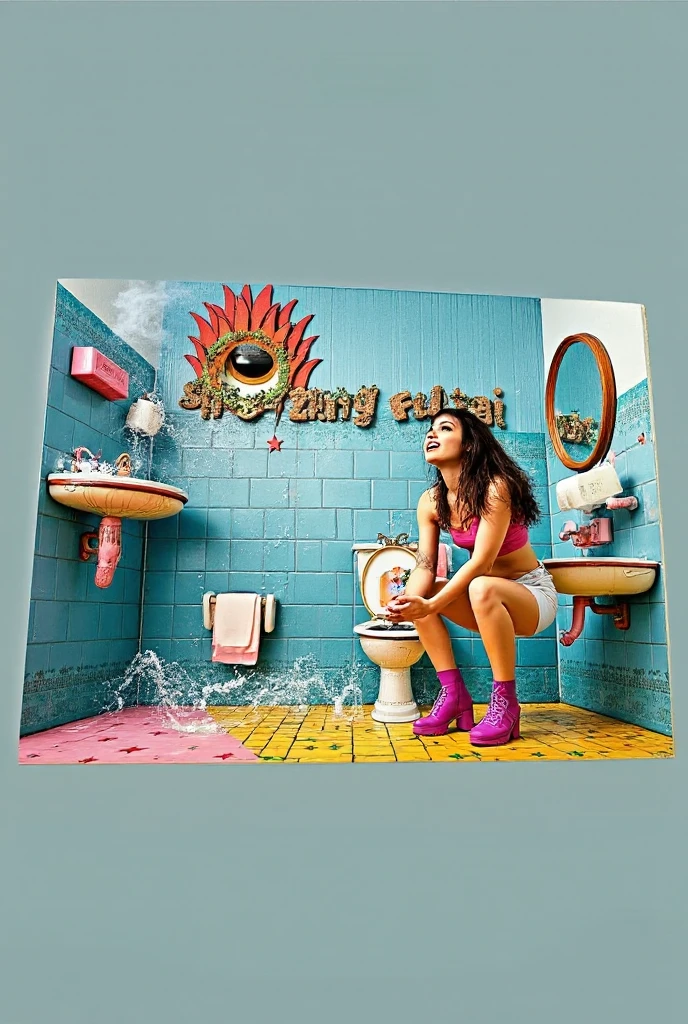 fashion photoshoot, colorful photo of a destroyed dirty public bathroom white tiled wall with a picture of a surprised woman pooping on a toilet, hole, <lora:hole2:0.6>, cinematic, high fantasy