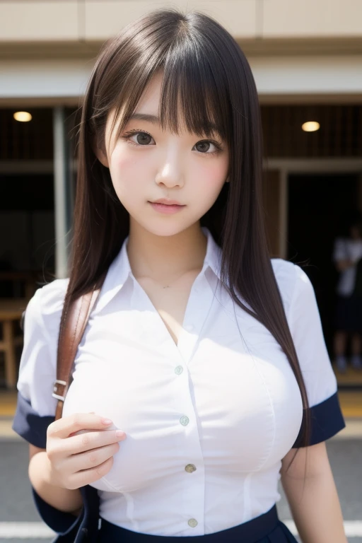 Pure Japanese school girl, sexual attractive, natural body, white skin, wearing uniforms, lift up blouse, beautiful nipples, no makeup, rough hair styles, sweet smile, secret temptation, professional portrait photography, summer morning light, 