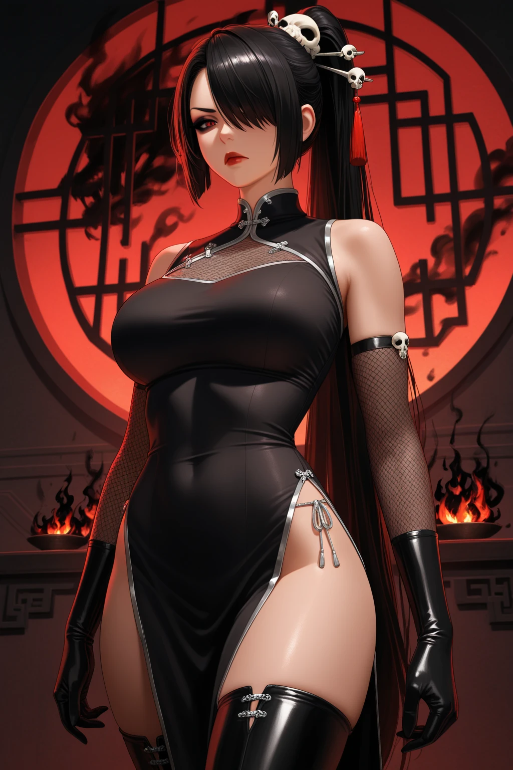 ((sexy tall gothic english supermodel)) ((beautiful face)) (red lipstick) (very dark eyeshadows make up)) ((big bright light blue eyes)) ((very long and very straight black hair)) ((very pale skin)) ((very huge breast:1.6)) ((perfect slender body torso:1.3)) ((wears black gothic lolita dress)) (()) ((choker, earrings, black stocking)) (())(())((beauty supermodel, posing sexy inside dark photo studio, gloomy ambient))(high resolution, dynamic shadows)((photorealistic:1.5)) ((masterpiece:1.3)) (8k) (perfect face) ((best quality:1.4)) (perfect hands and eyes)