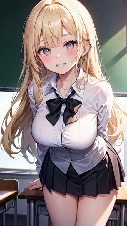((masterpiece、Highest quality、Very detailed))、One person、gyaru、Blonde、Long Hair、((straight hair))、Grey Eyes、evil smile、((Grin))、((lots of piercing))、Large Breasts、((White collared shirt))、((lightbrown sweatervest))、((Black pleated skirt))、Thick thighs、((micro miniskirt))、Cowboy Shot、((grabbing the breasts:1.4))、Classroom Background