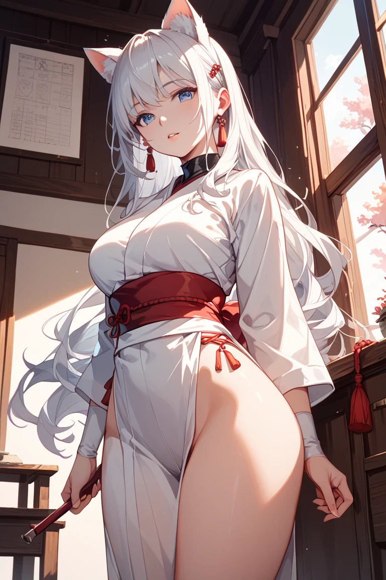 ((masterpiece)), (Highest quality), (Simple style), White hair, black mesh, long hair, pink eyes, indoors, standing, loose kimono, pubic hair