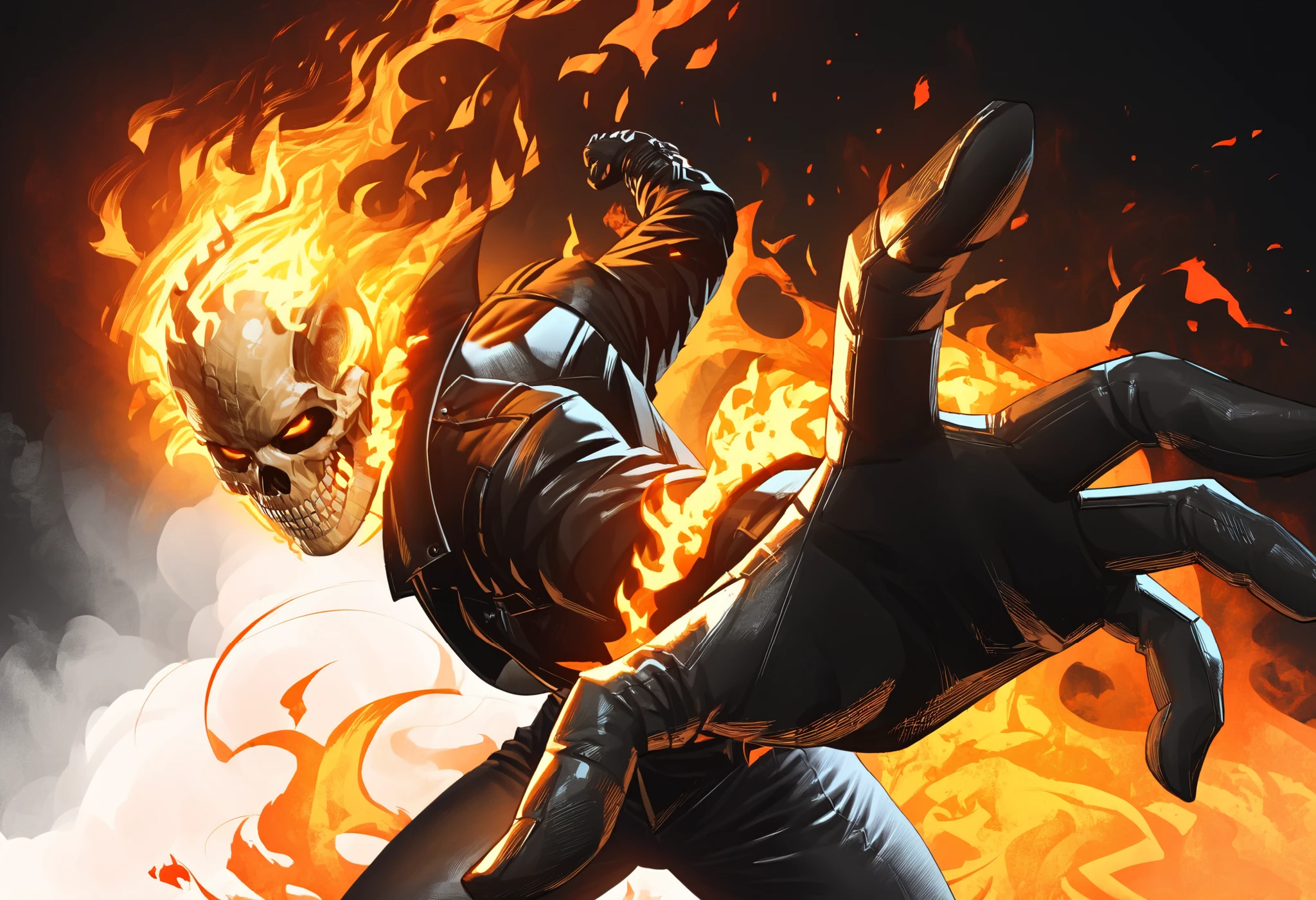 score_9, score_8_up, score_7_up, source_anime, BREAK, Ghost Rider, marvel, (skull:1.1), (flaming skull:1.1), skull, burning, teeth, female humanoid, female, female focused, pants, leather, IncrsPunchMeme, incoming punch