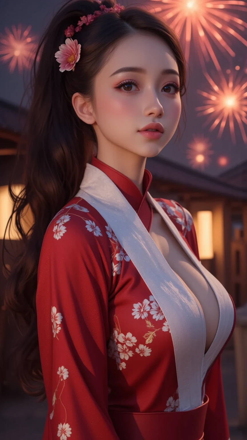 A professional very dark under expose full body photo of a Japanese cute sexy girl wearing ((red kimono)),detailed cleavage , (PureErosFace_V1),masterpiece, best quality, detailed, 1girl, pink eyes, long hair, black hair, (temple in the background), water, sunset,(((extremely extra large world's largest DDDD breast))),(vivid colors),(((midnight))),((late night)),(late at night,night-time, after dark),<lora:theovercomer8sContrastFix_sd15:0.4>,to8contrast style