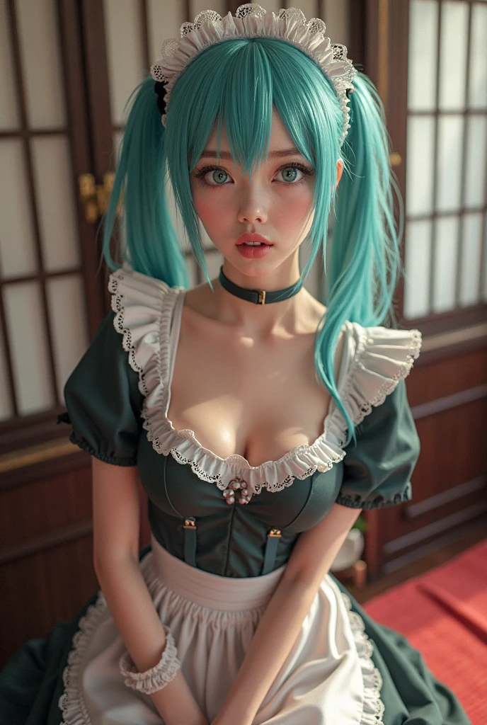 a young woman in a provocative maid costume. She has short, dark Green hair with bangs, blue eyes, large breasts and is wearing a maid headband. Her outfit includes a low-cut, ruffled dress that exposes a significant amount of cleavage, with matching thigh-high stockings that have lace trim. The woman is (on her hands and knees:1.6) on a light blue sheet, looking directly at the camera with a sexy flirty smile while excitingly ripping her clothes off. The background is a ornate detailed luxury mansion bedroom with bling. The overall scene is highly stylized and erotic.