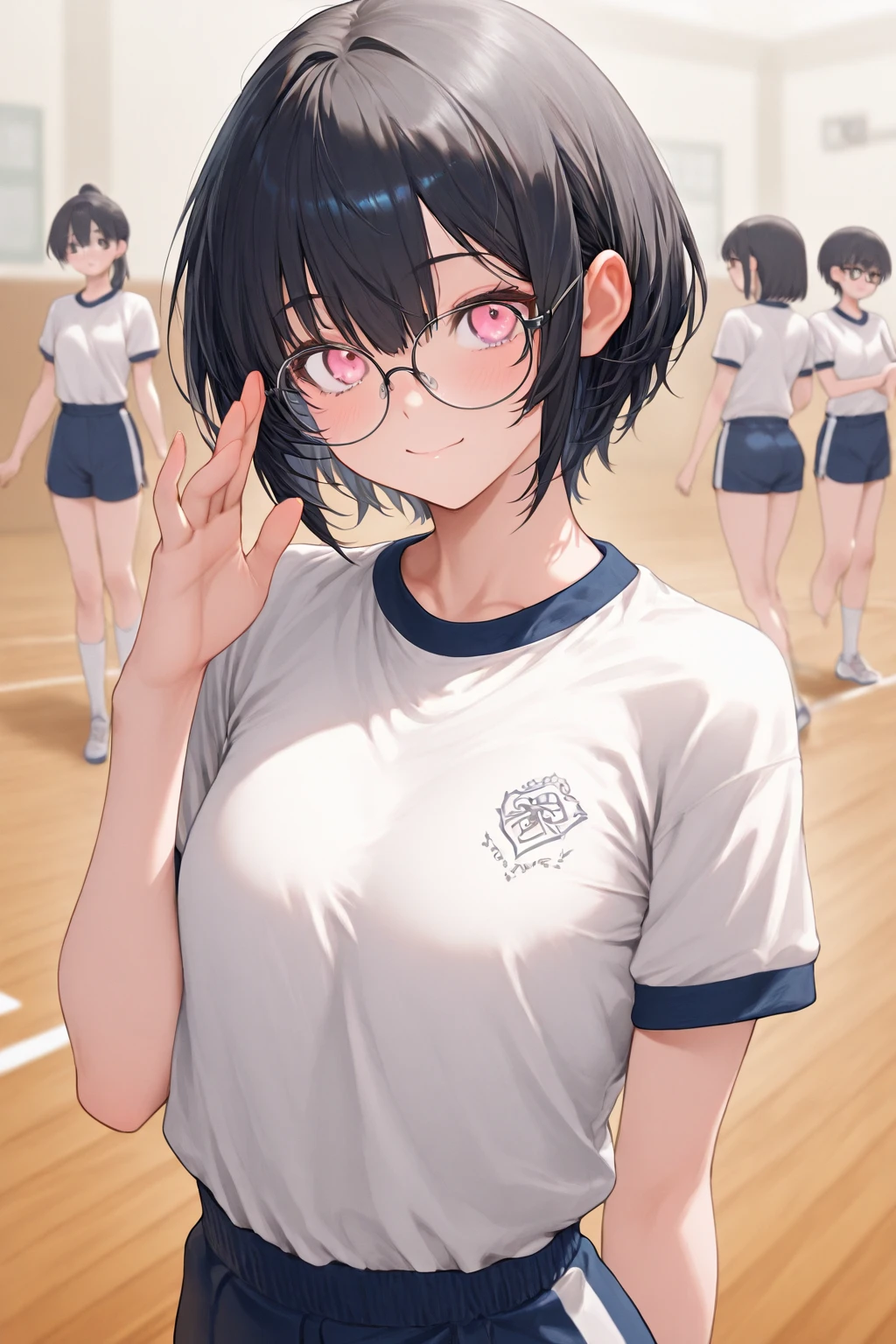 In town,Small breasts that can be rolled up,Black Hair,short hair,Green Eye Glasses,(Pink polo shirt, Short sleeve, naked), (High resolution, high quality:1.1), Intricate details, 1 girl,(blush,Embarrassing)There are a lot of people around