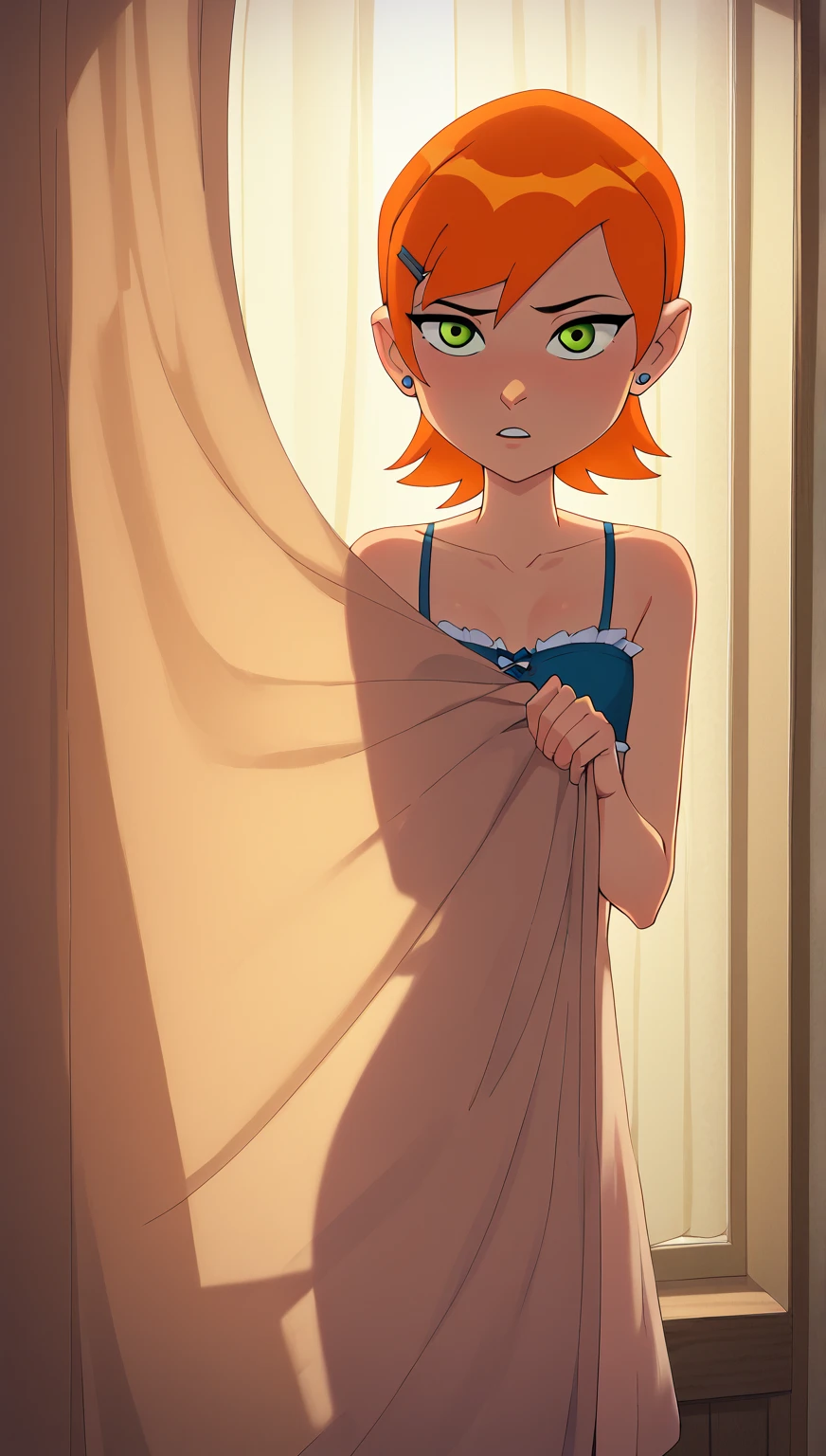 (masterpiece, best quality), 1girl(beautiful face, gwendolyn_tennyson, breasts, orange hair, short hair, green eyes, half-closed eyes),detailed face, a come-hither face, parted lips, solo, nude, facing viewer, looking at viewer, nose blush, blush, see-through nightgown, in the bedroom, night time, standing , come-on, lure, posing , Sexy waist teasing