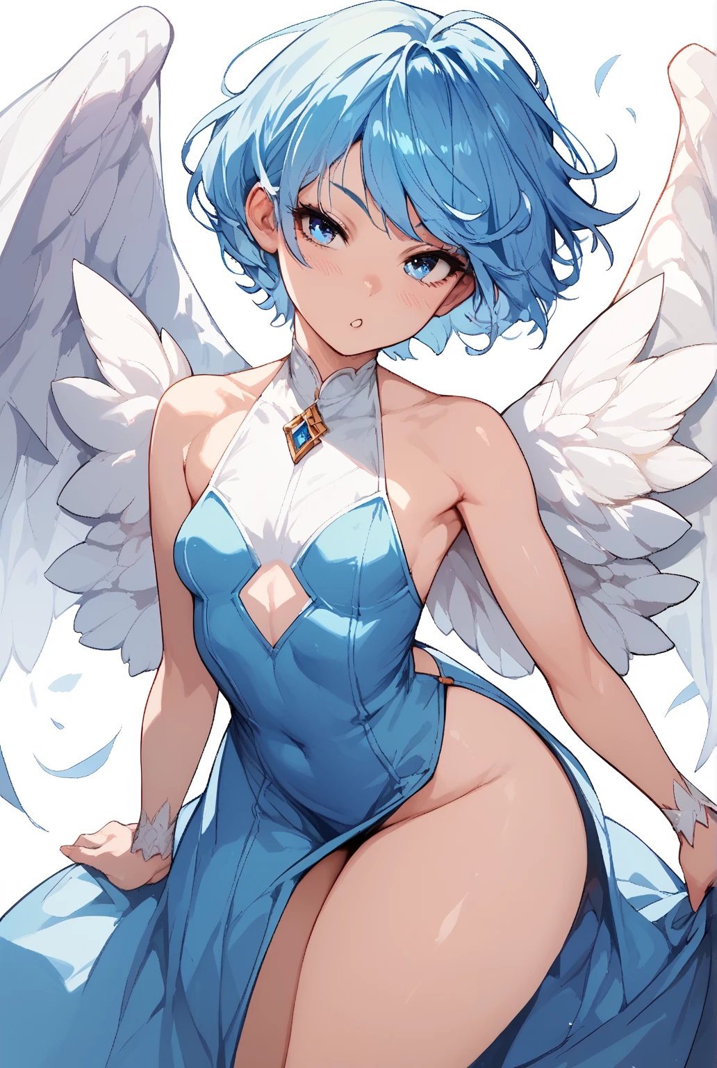 rooftop, null, cloud, 1 girl, 1 Screen View, Fantasy Art, masterpiece, highest quality, highly detailed, rooftop, wet with sweat, Shiny natural skin texture, puffynipple, Light-pigmented nipple, Thick thighs, cheerful, blush, grin, braid, flower hair ornament, No underwear, wedding dress, (Wings are growing:1.3), (nsfw:1.1), (8K:1.2), (see through:1.1), (small breasts:1.2), (fluffy bob cut:1.2), (sky blue hair:1.6)