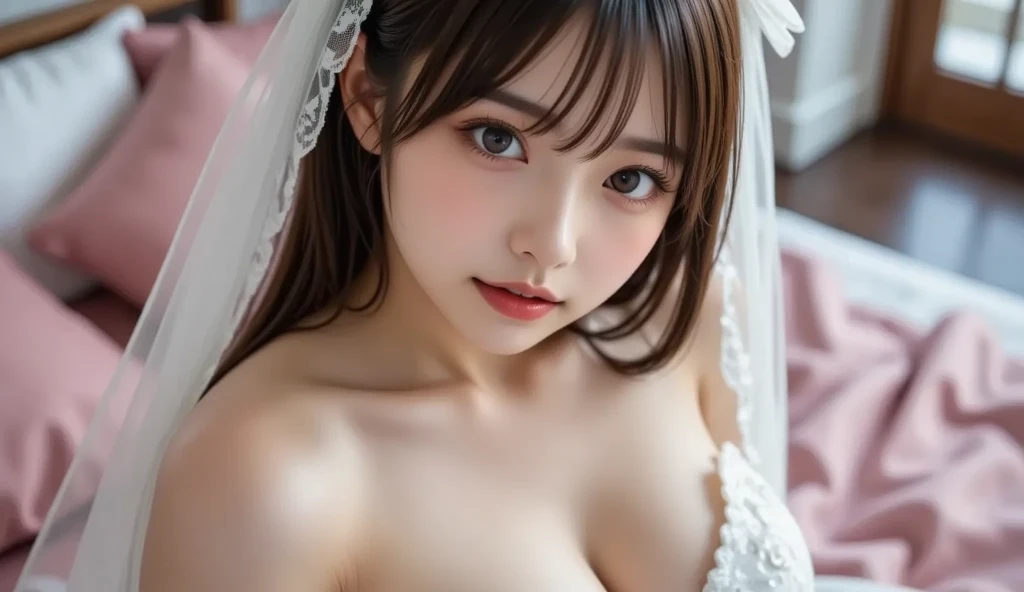(RAW photo:1.2), (photorealistic:1.4),(intricate details:1.2),(masterpiece:1.3),(best quality:1.4), (ultra highres:1.2), cinema light, ultra high res,(detailed eyes),(detailed facial features),(detailed clothes features), nude, naked, topless, see through, hard nipples, HDR, 8k resolution, kneeling on the bed, close up, looking at viewer, (bangs:1.1), skin tight, (shiny skin),(slender girl),dreamlike,((white lace wedding dress)),nsfw, wedding veil, long white gloves, white ribbon, holding flower, narrow waist, soaked, wet clothes, wet hair, water drop, translucent, (extreme detailed illustration), nipples, bedroom, small breasts, straight hair, long hair, black hair, light blue eyes, 1girl, cute, innocent, (smile), skinny body, indoors, <lora:virtualgirlAim_v20:1>, breasts, (small_tits), <hypernet:hypernetworkForProject_hypernetworkForProject:0.5>