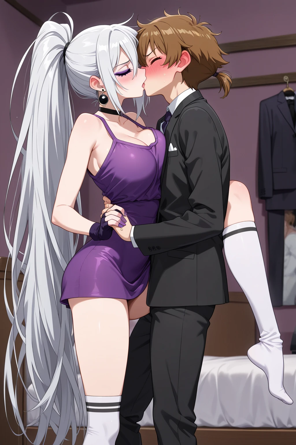 nsfw,((One man and one woman,Having sex)),on stomach,from behind,small breasts,silver hair,hair above one eye,pink eye magical girl costume,removed sleeve,Corruption,beret,ribbon,Heart Pendant,earring star piece,best image quality,highest quality