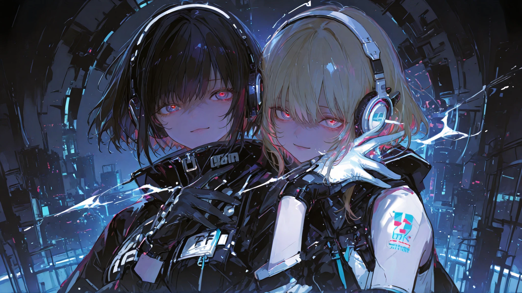(Two Women :1.3)、two cool women、dynamic、Cyber Fashion、headphones, Song、amazing、Highest Quality,Cyber World Background,amazing、Moving Poses、fantastic、gloves、Dark Atmosphere、Lending a helping hand