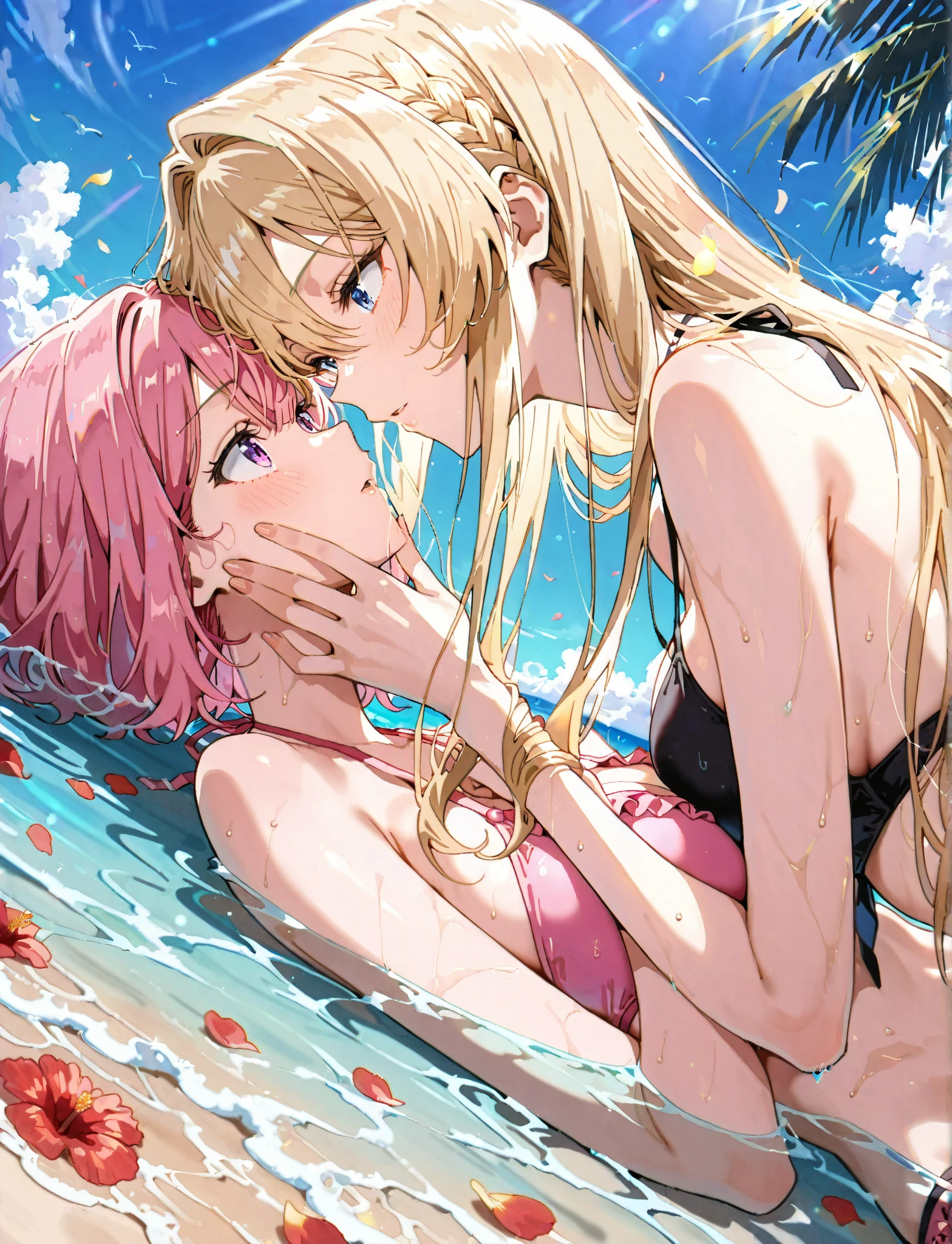 NSFW, (((masterpiece, Best Quality, photographrealistic))), (Shiny, ethereal skin), (nfsw, 8K Wallpaper, High resolution), Perfect Anatomy, Cinematic lighting, Physically-based rendering, Award-winning, highly-detailed skin, extra detailed face, Eyes with beautiful details, Carl Zeiss 85mm f/1.4, (1 man and 1 woman, a couple: 1.5), Bright boy with golden hair and azure eyes, (lean and beautiful body), She is a mermaid with rosy pink scales and emerald green eyes,
(Aerial perspective), (Skyward embrace), N