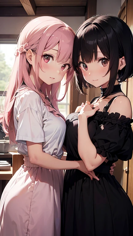 Two anime girl characters first one dressed in black and red with black twintail hairstyle, and the other one dressed in white and pink with pink twintail hairstyle, they are laying in the bed, they are make a pose for pict, full body, pose with peace sign, smiling face