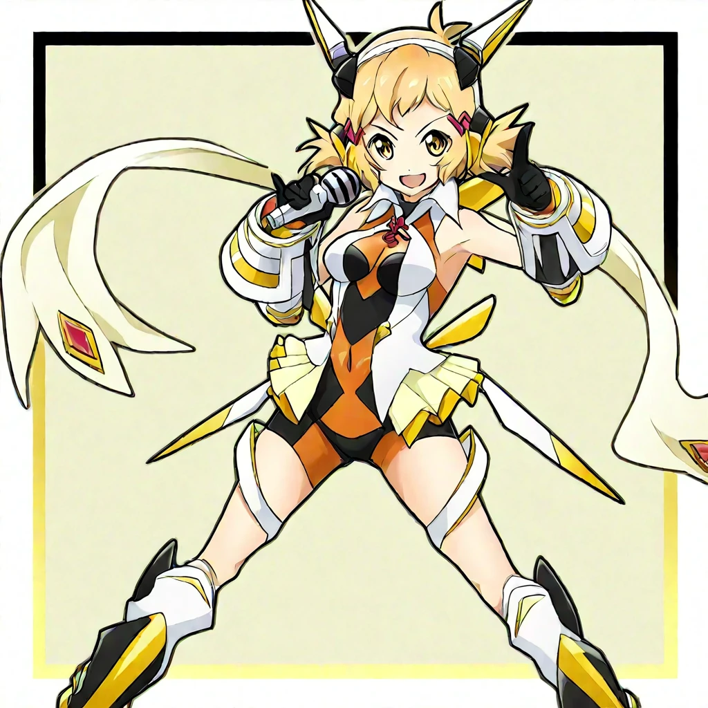 masterpiece,(best quality) magical girl,Lazer gun, yellow, spikey hair, medium sized breasts,( ( character concept art ) )