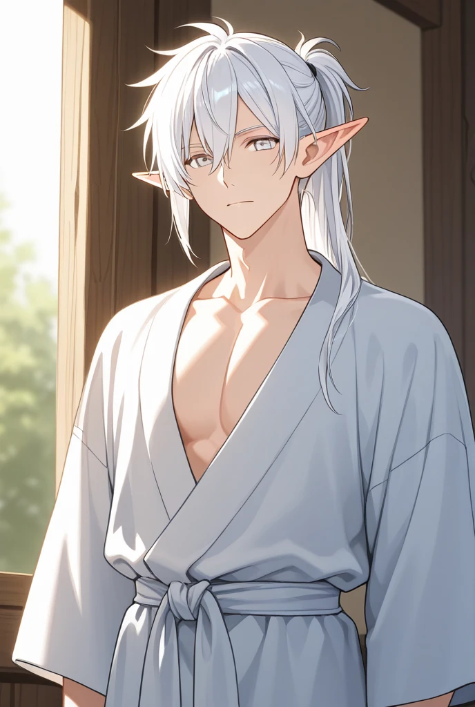 Half elf, sleepy eyes, Wise man, neck-length hair, messy hair, thin beard, drunkard, mediaval, Dress neatly, Wearing a shirt and robe, white hair 