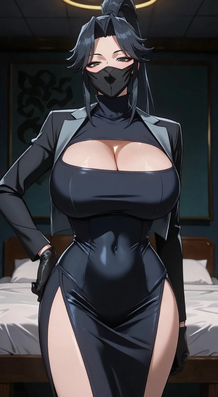 professional artwork, Intricate Details, sharp focus, detailed painting, photorealistic lighting, trending on pixiv, Standing at attention, ((black outfit ,yellow collared shirt,black and red bodysuit,skin_tight,black legwear, black pantyhose, Side_boob)), (((fully suited:1.5))) black hair,very long hair, Bangs,yellow eyes,makeup, lipstick, 40yo,mature female,Beautiful Finger,Beautiful long legs,Beautiful body,Beautiful Nose,Beautiful character design, perfect eyes detail, perfect face, looking at viewer,official art,extremely detailed CG unity, perfect lighting,Colorful, Bright_Front_face_Lighting, (masterpiece:1.0),(best_quality:1.0), ultra high res,ultra-detailed, photography, 8K, HDR, highres, absurdres:1.2, Kodak portra 400, film grain, blurry background, bokeh:1.2, lens flare, (vibrant_color:1.2) (Beautiful,large_Breasts:1.4), (beautiful_face:1.5),(narrow_waist), (solo:1.4), ((Hands-On-Waist Poses:1.4)), annerose:1, (super blushing, super shy, tsundere:1),