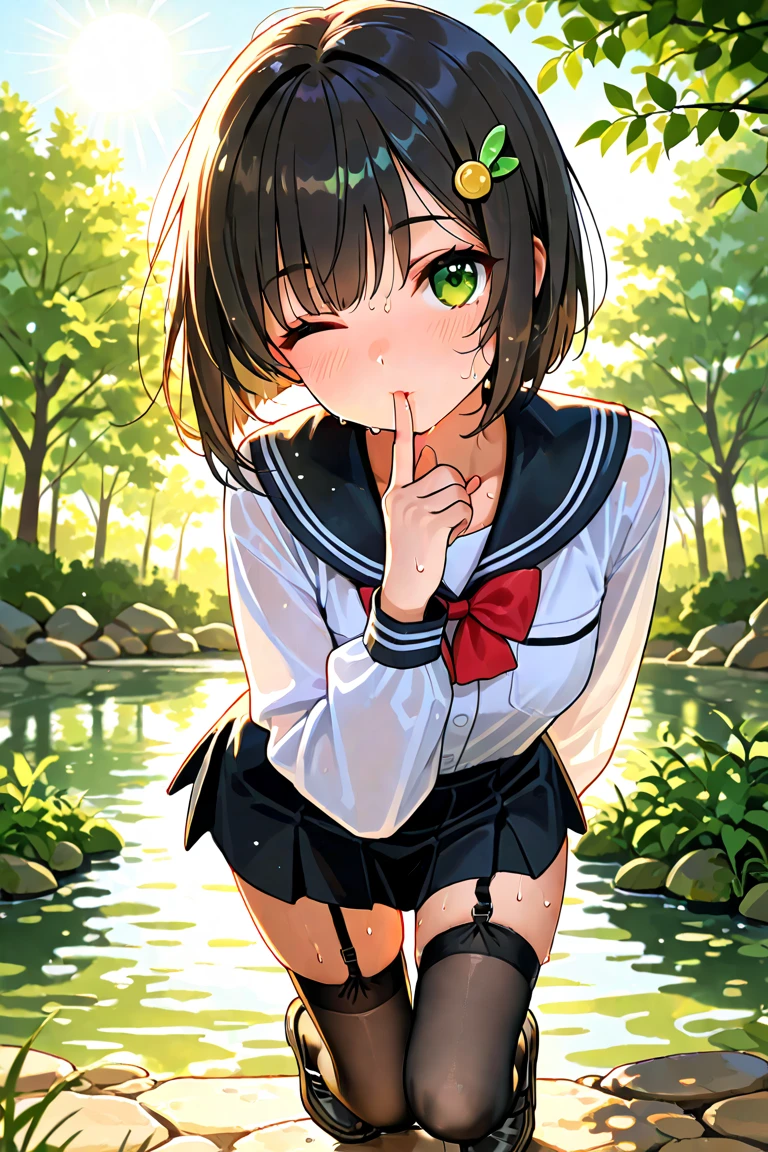 (8K,HighDynamicRange,hight resolution),((((Ultra-realistic realism,tmasutepiece,Best Quality,超hight resolution))),(Pin Light,电影灯光),(Hyper-detailing,Up to detail)hight resolution、masutepiece、Brown hair、I am、female number one、、a park、Colorful leaves background for this、A detailed eye、((with brown eye)),Beautiful and perfect legs, Clean and perfect hands(place your index finger over your mouth:1.2), ((Impatient look)),美しいsmall tit,small tits、Good Style,(facing the front there)(((with blush cheeks、embarassed expression)),maikurobikini,small tit,Chopping,sexy for,legs are long, Spread your legs apart, sharp eyesight,